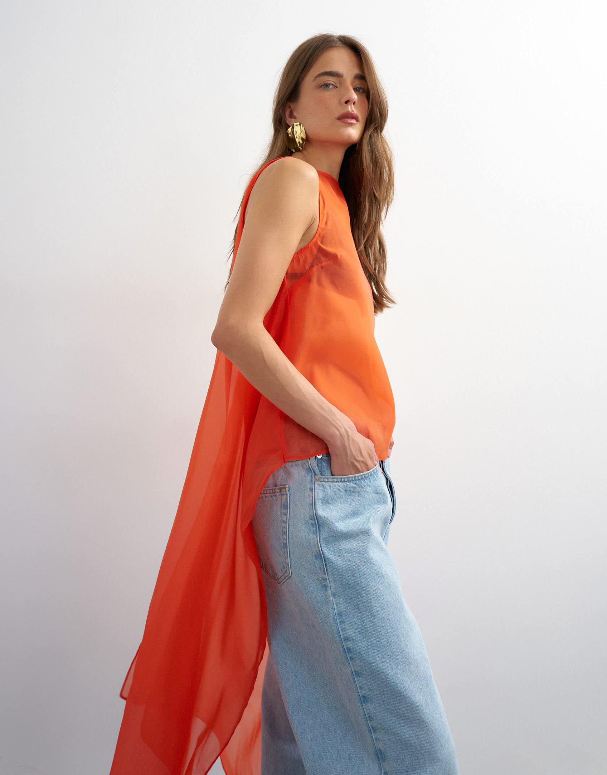 Topshop sheer organza drape tunic top in fiery orange