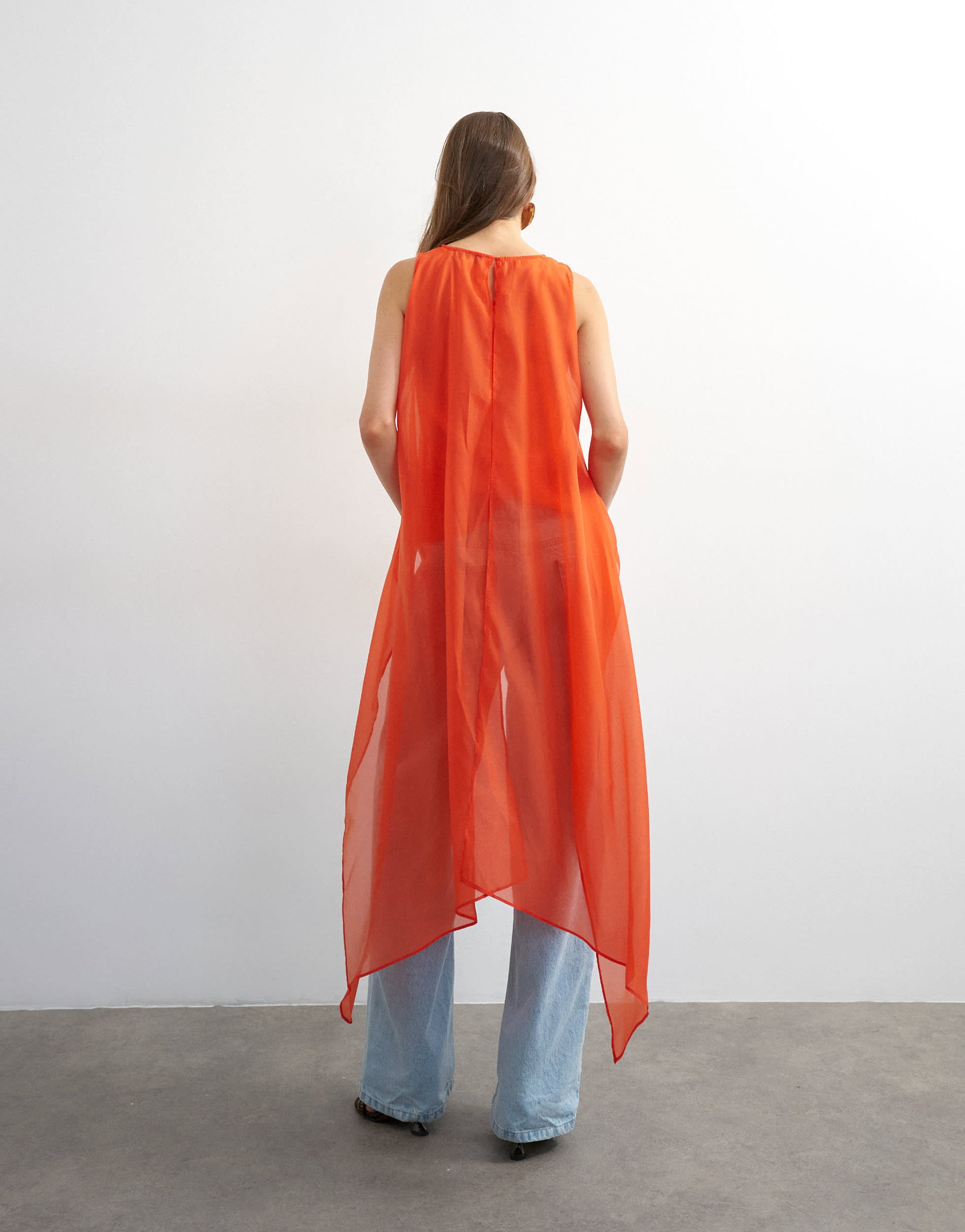 Topshop sheer organza drape tunic top in fiery orange