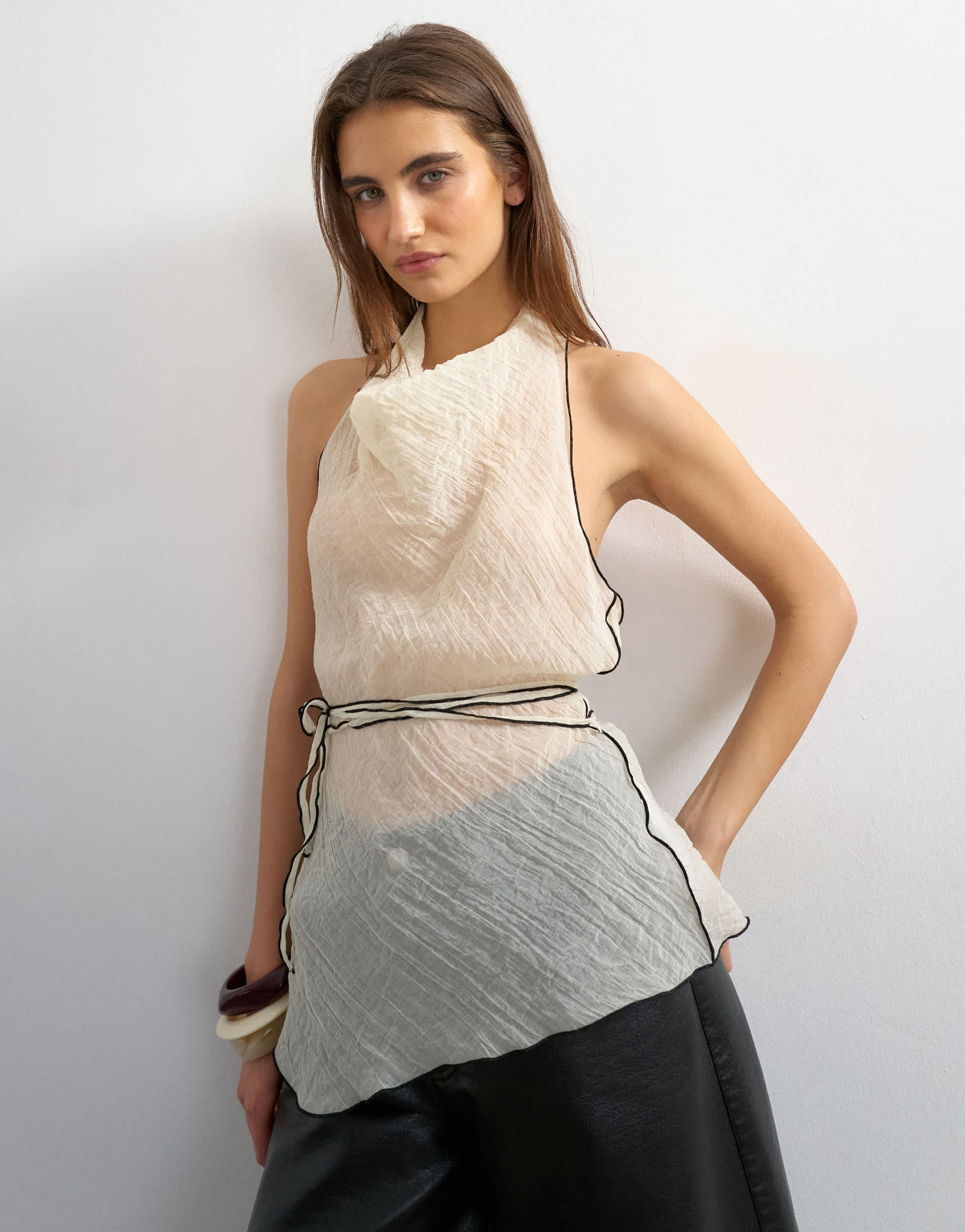 Topshop co-ord crinkle halter top with contrast trim in ecru