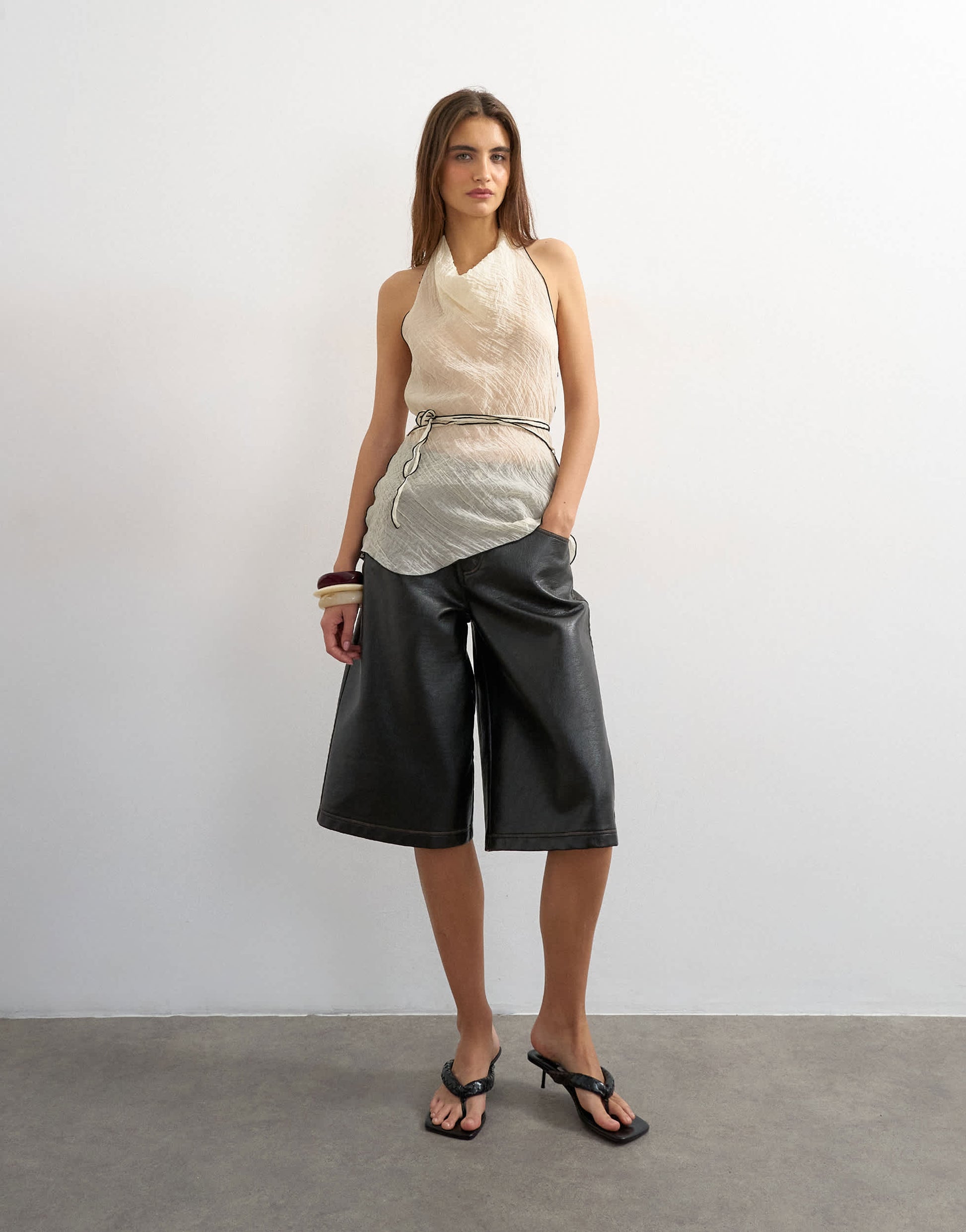 Topshop co-ord crinkle halter top with contrast trim in ecru