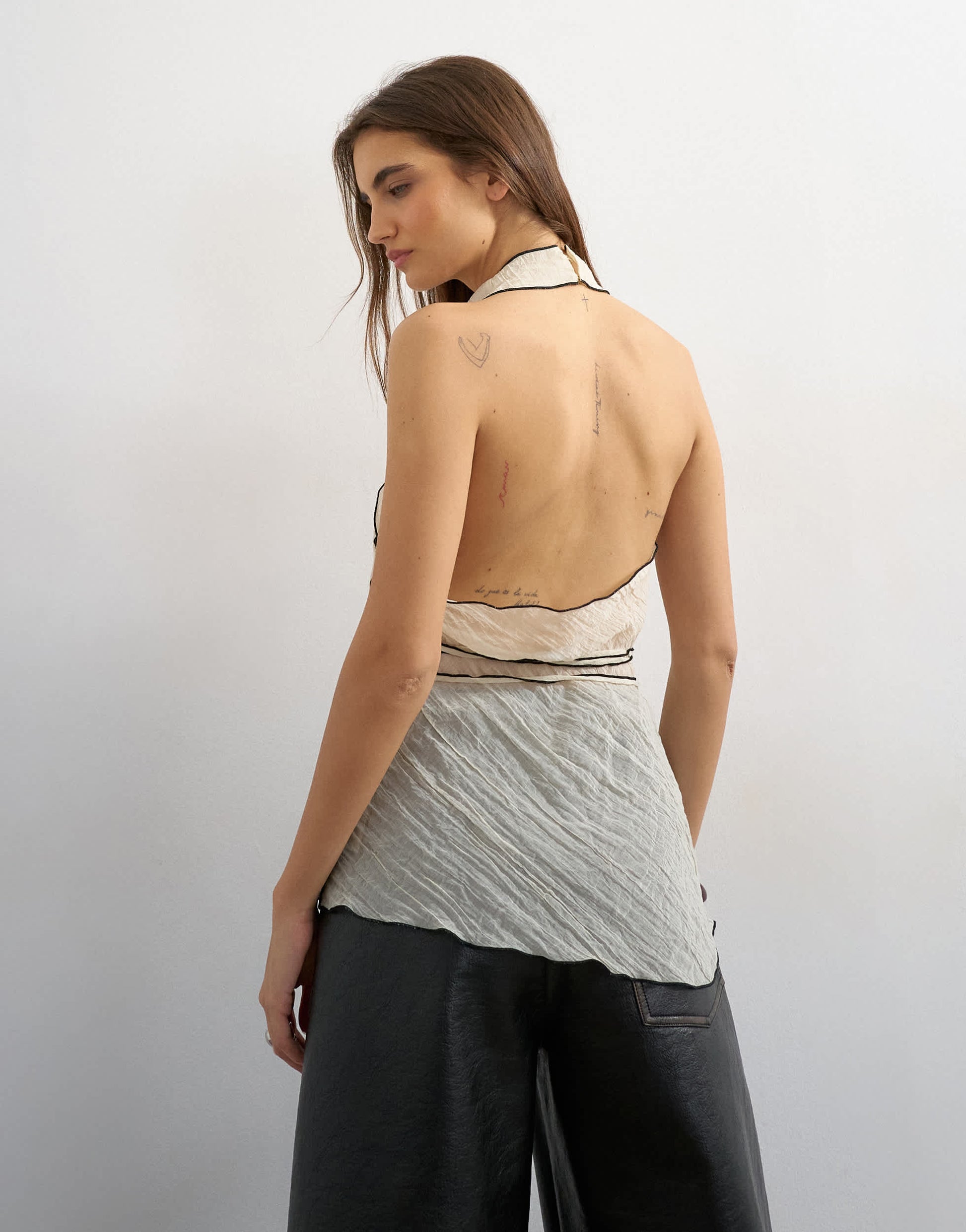 Topshop co-ord crinkle halter top with contrast trim in ecru