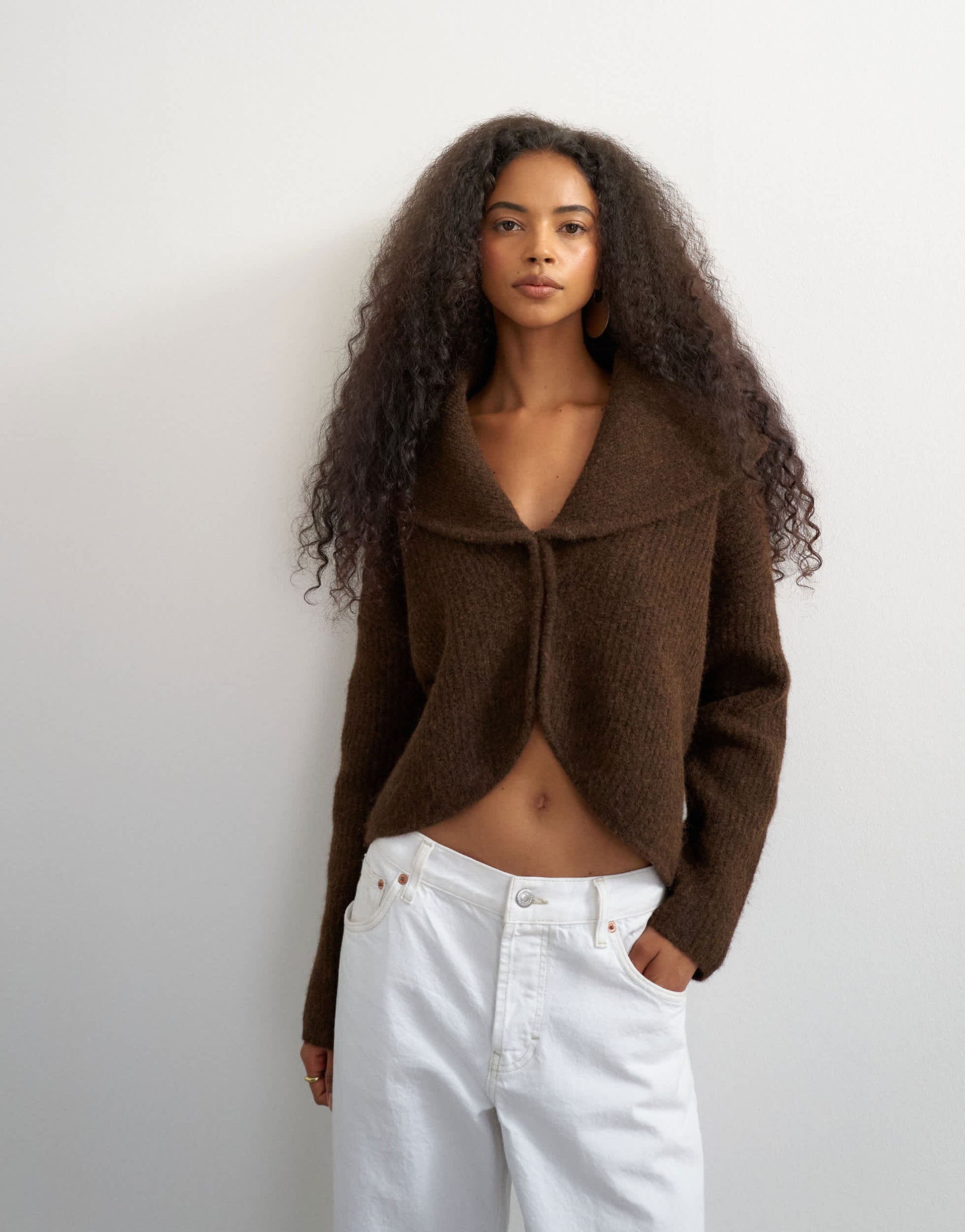 Topshop knitted shawl collared cardigan in pecan