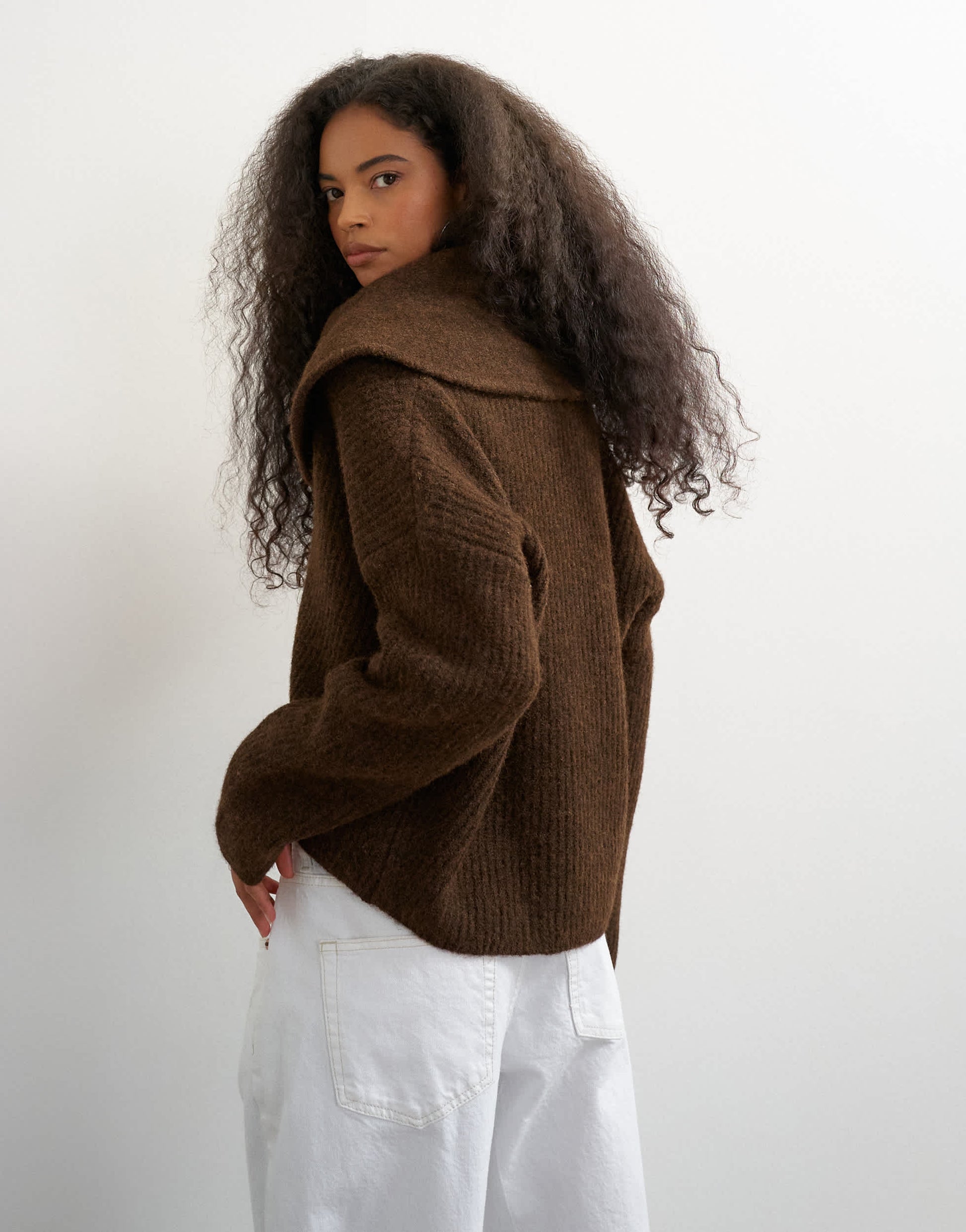 Topshop knitted shawl collared cardigan in pecan