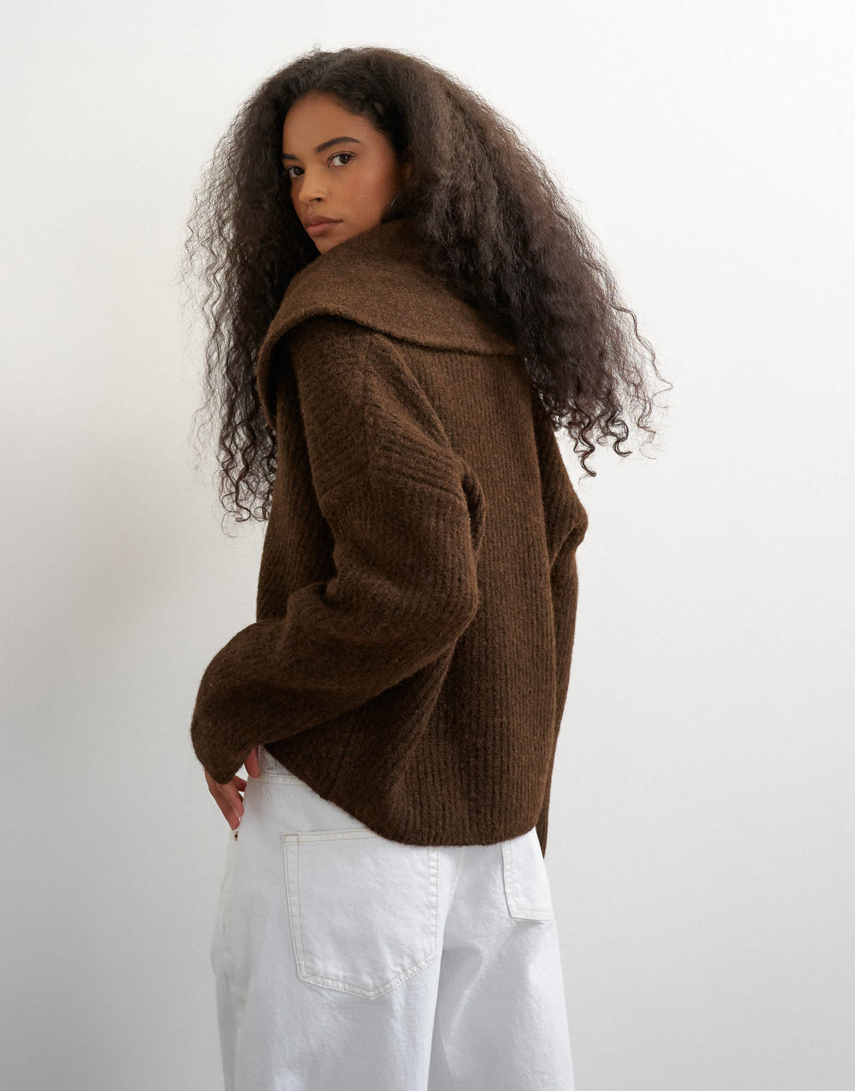 Topshop knitted shawl collared cardigan in pecan