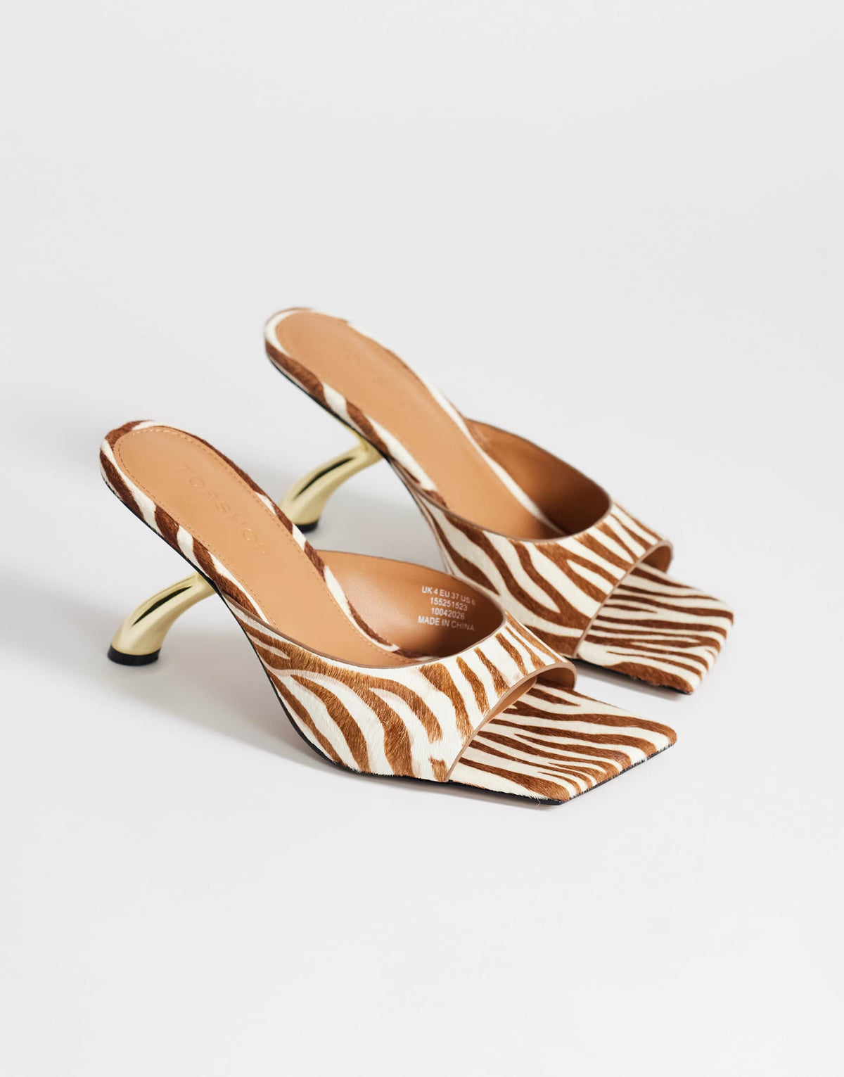 Topshop Nicole angular mid heel mule in zebra print hair on real leather