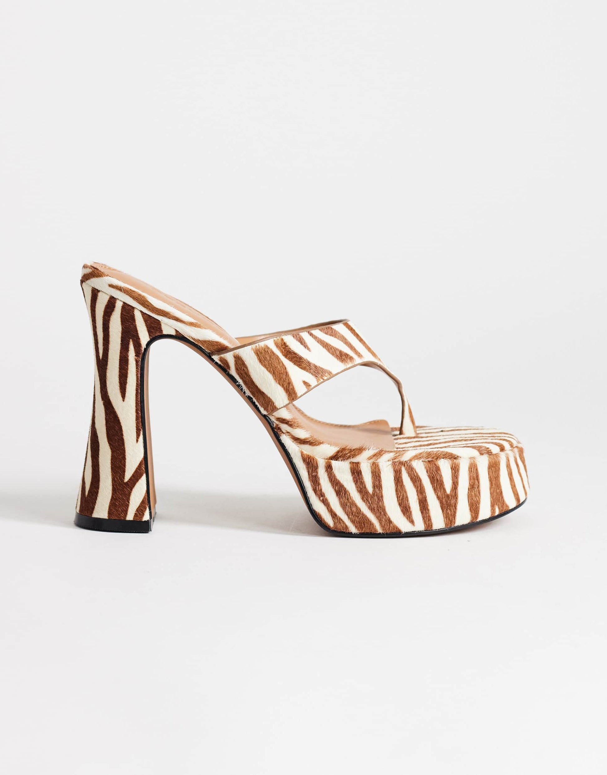 Topshop Nima real leather with hair platform high heeled toe thong sandal in zebra