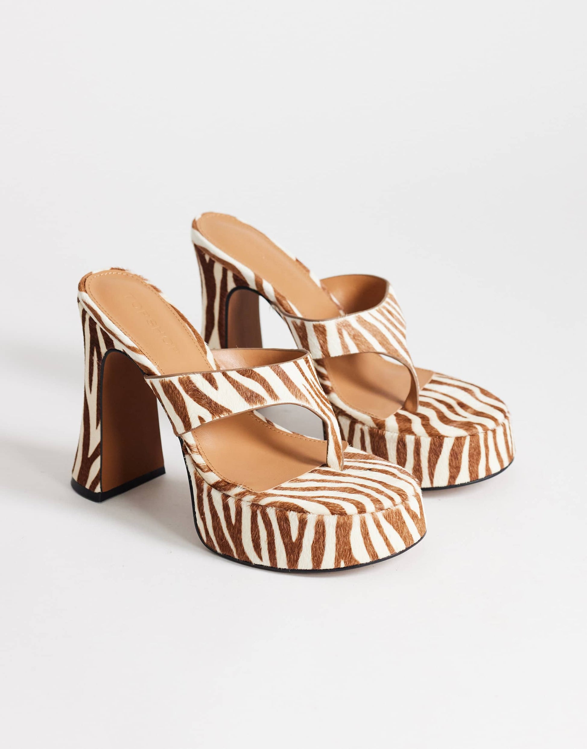Topshop Nima real leather with hair platform high heeled toe thong sandal in zebra