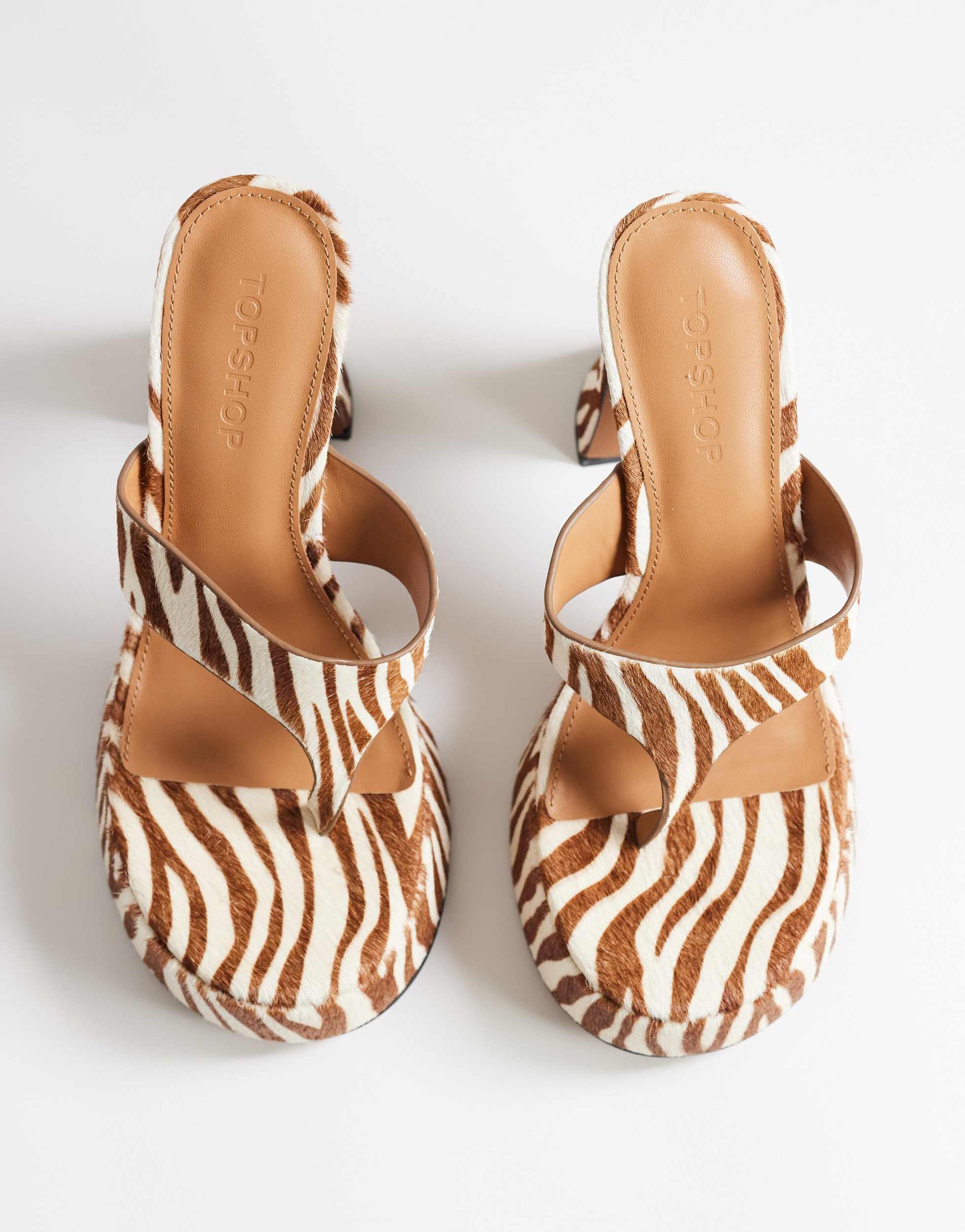 Topshop Nima real leather with hair platform high heeled toe thong sandal in zebra