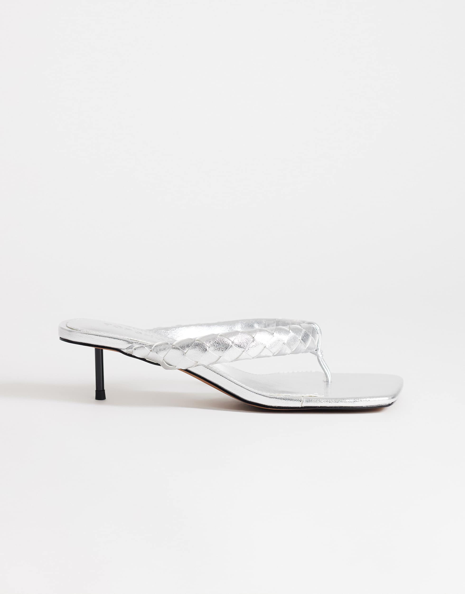 Topshop Emily pin mid heel woven toe thong sandal in silver