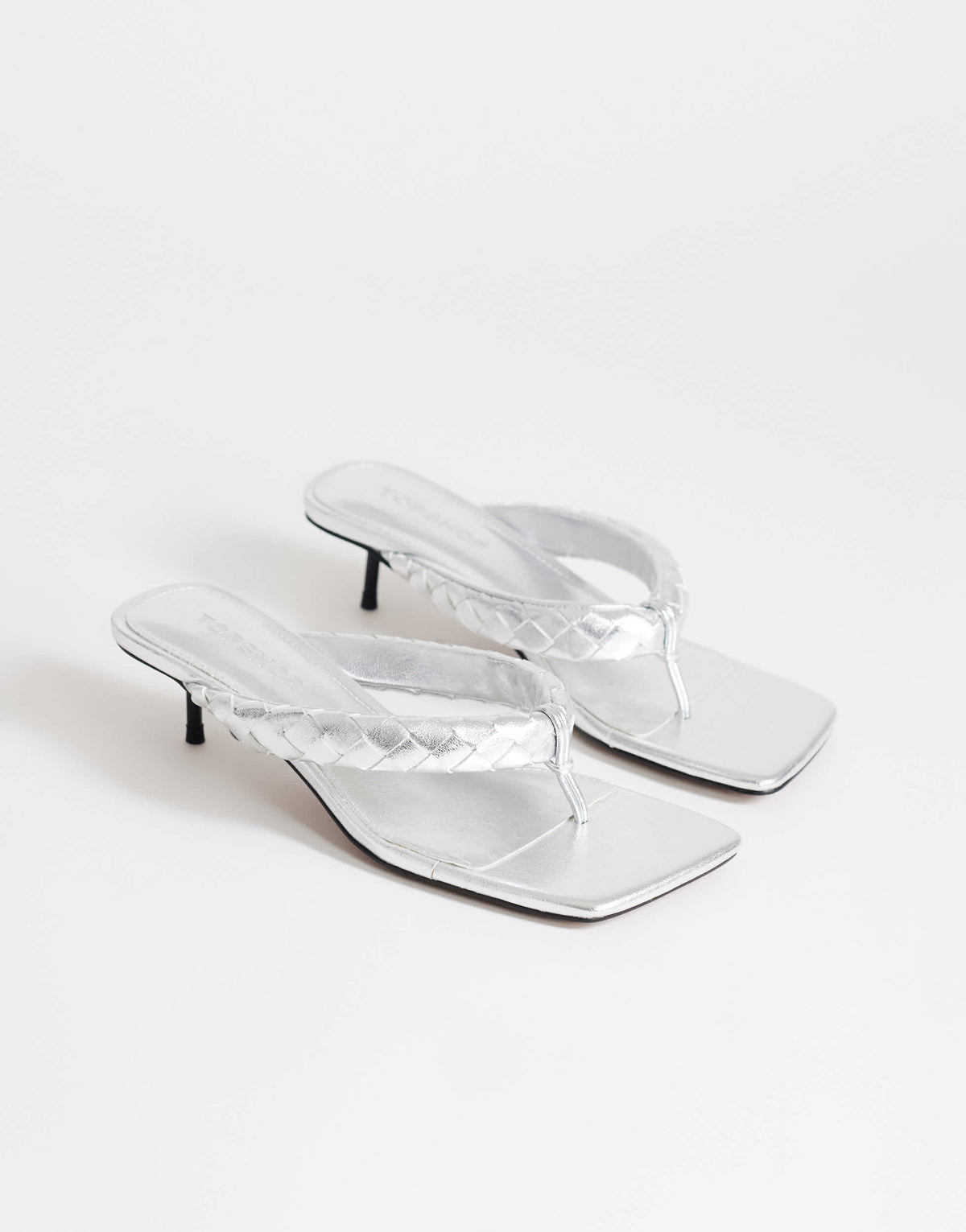 Topshop Emily pin mid heel woven toe thong sandal in silver