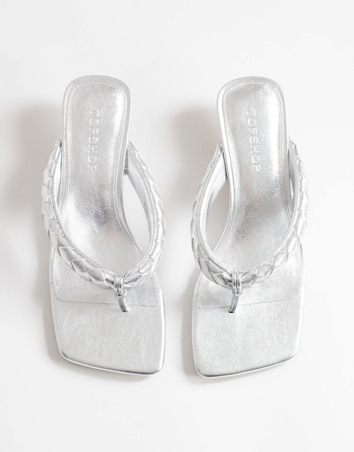 Topshop Emily pin mid heel woven toe thong sandal in silver