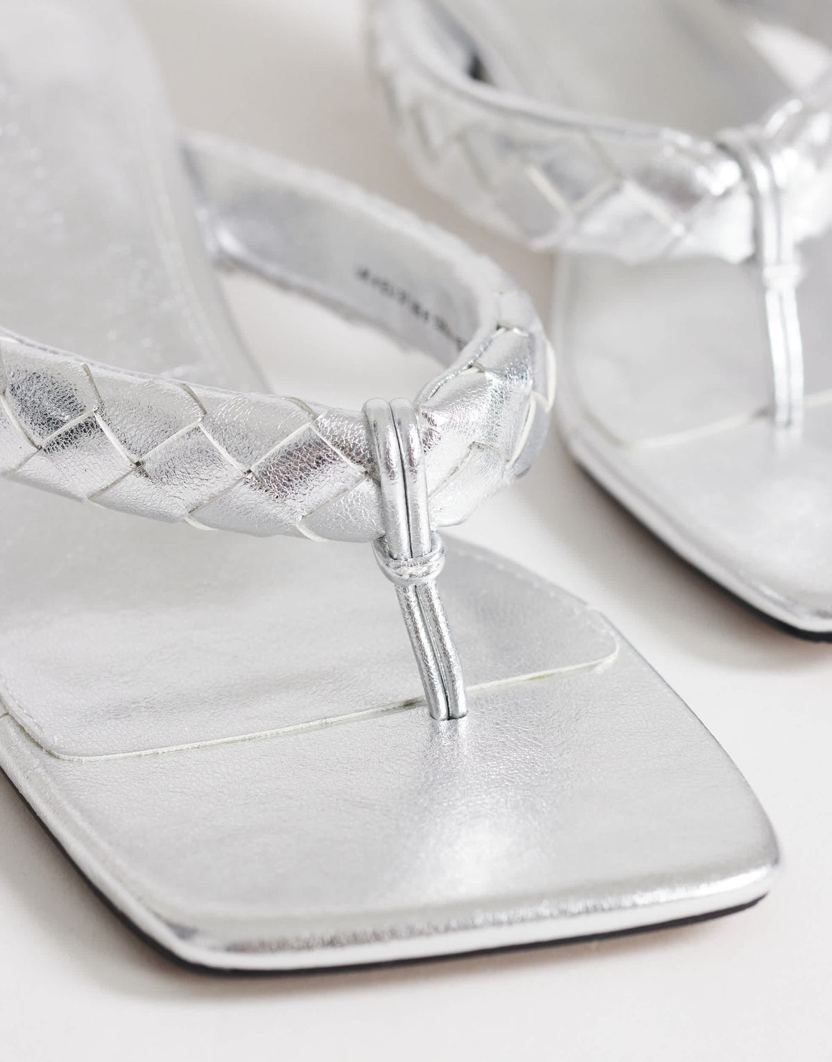 Topshop Emily pin mid heel woven toe thong sandal in silver