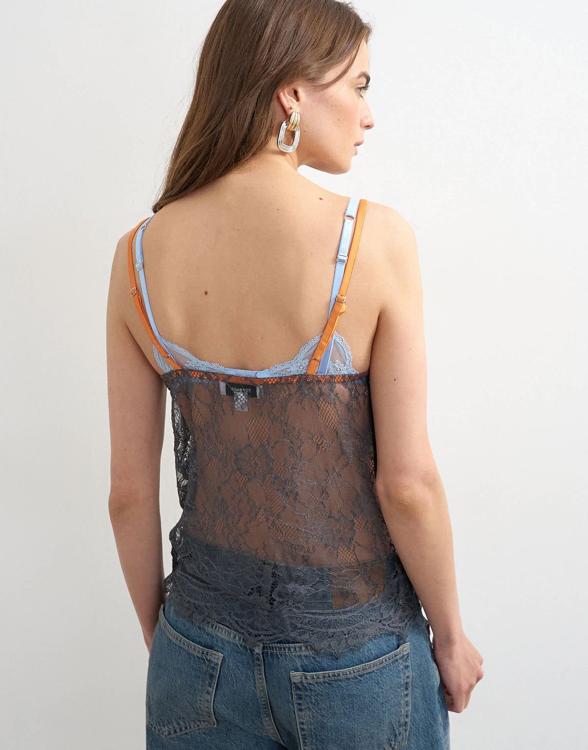 Topshop lace cami top in grey with orange tipping