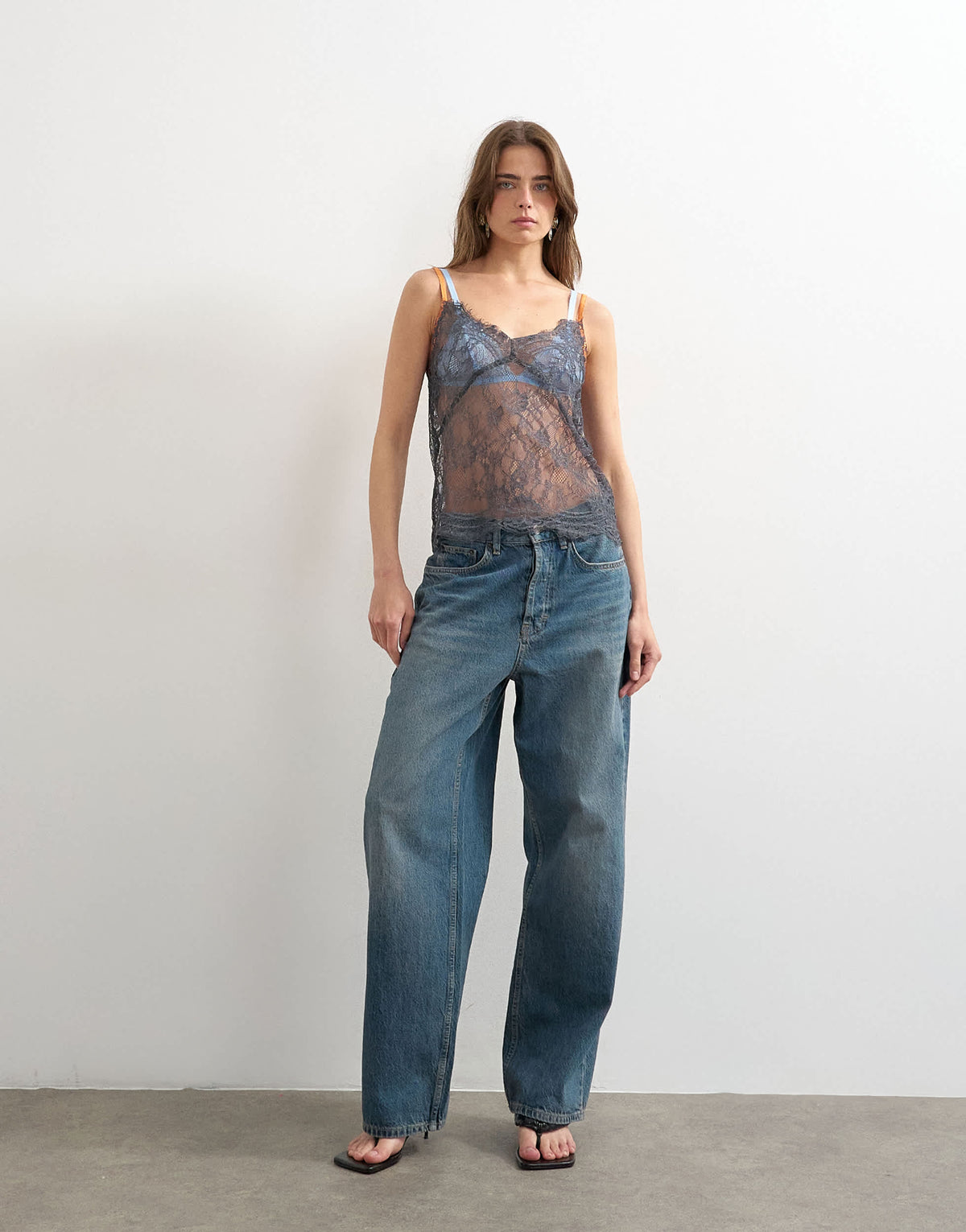 Topshop lace cami top in grey with orange tipping