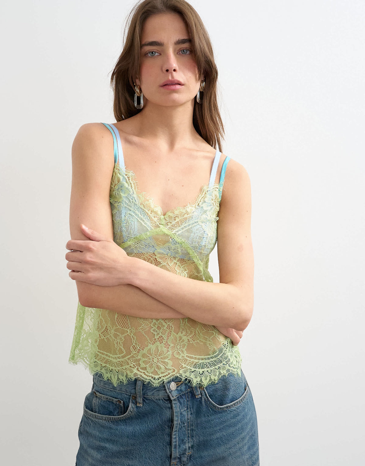 Topshop lace cami top in lime green with blue tipping