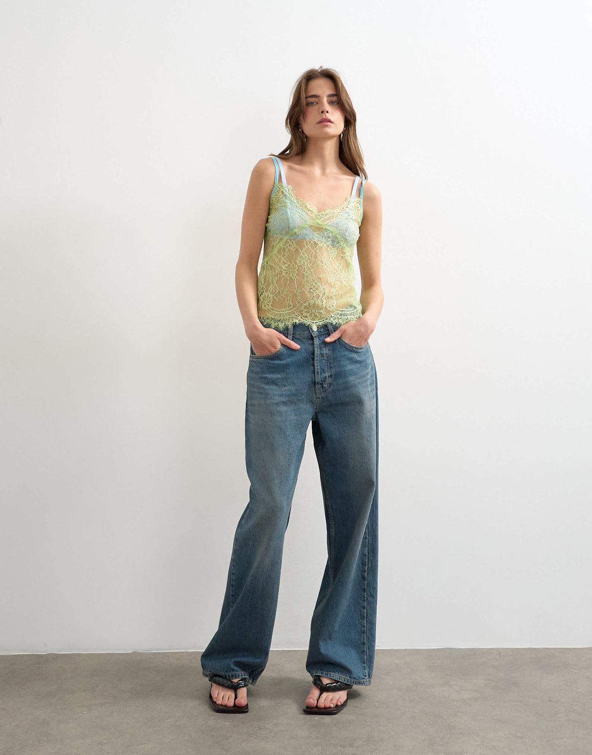 Topshop lace cami top in lime green with blue tipping