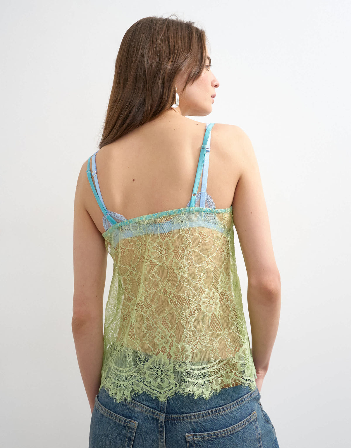 Topshop lace cami top in lime green with blue tipping