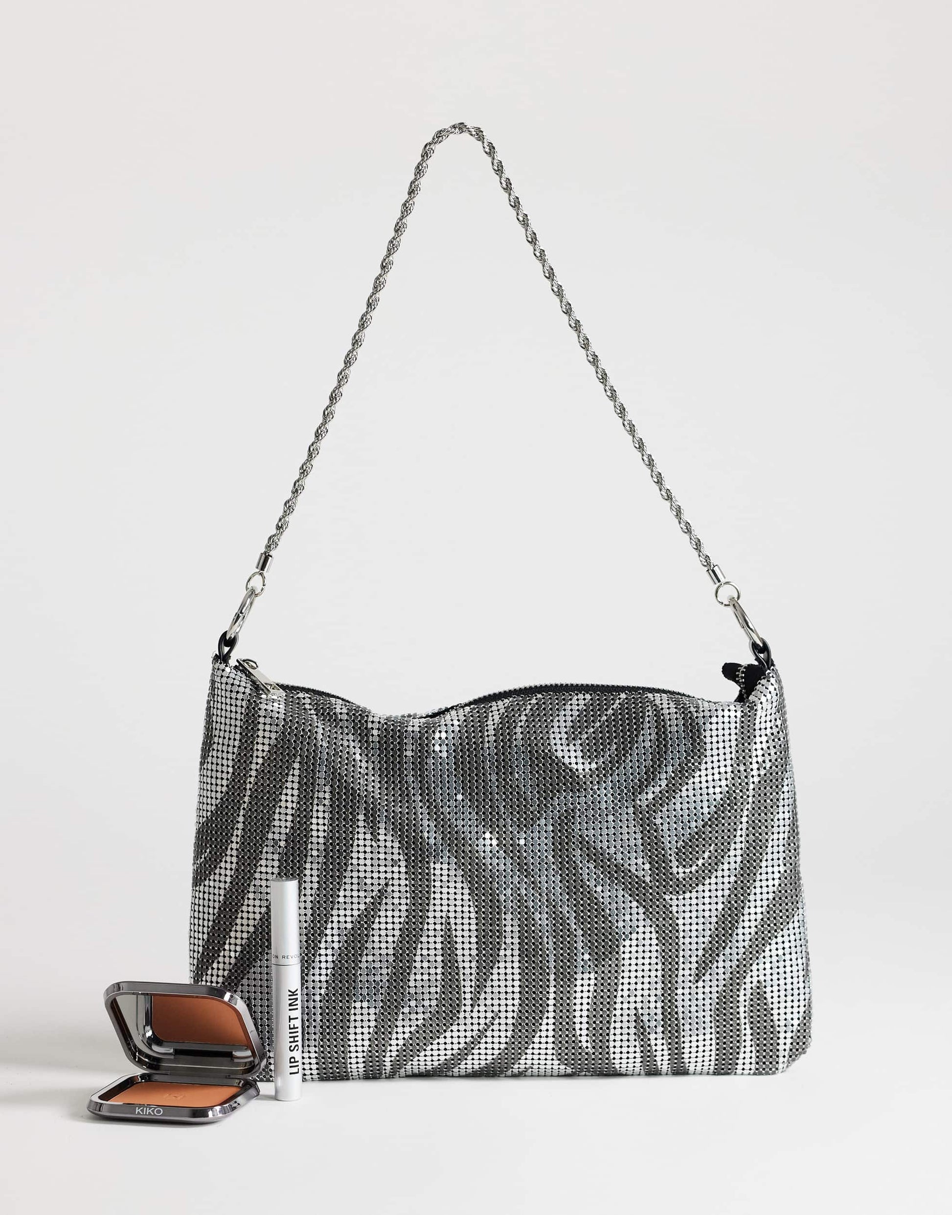 Topshop Jackson embellished small shoulder bag in silver & grey tiger
