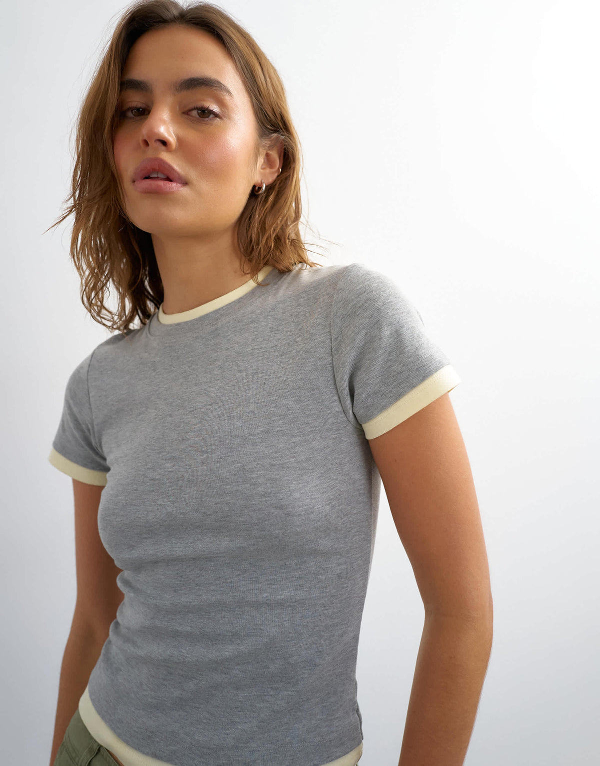 Topshop layered short sleeve fitted tee in grey & yellow