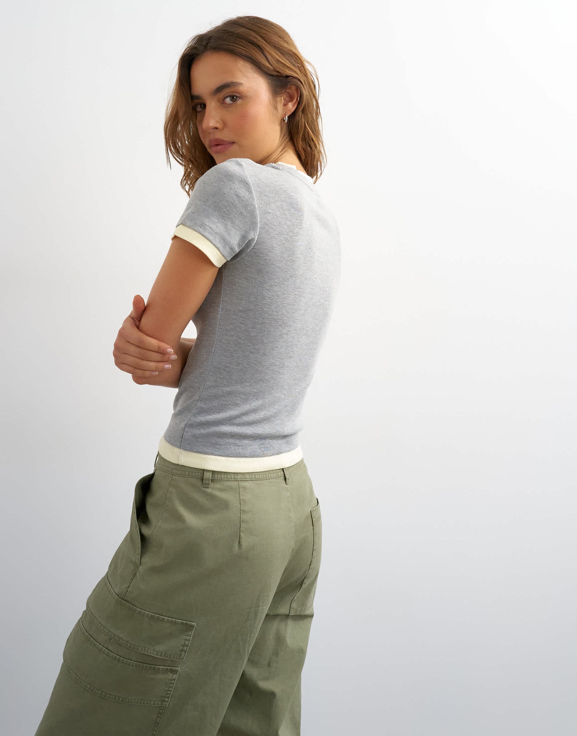 Topshop layered short sleeve fitted tee in grey & yellow