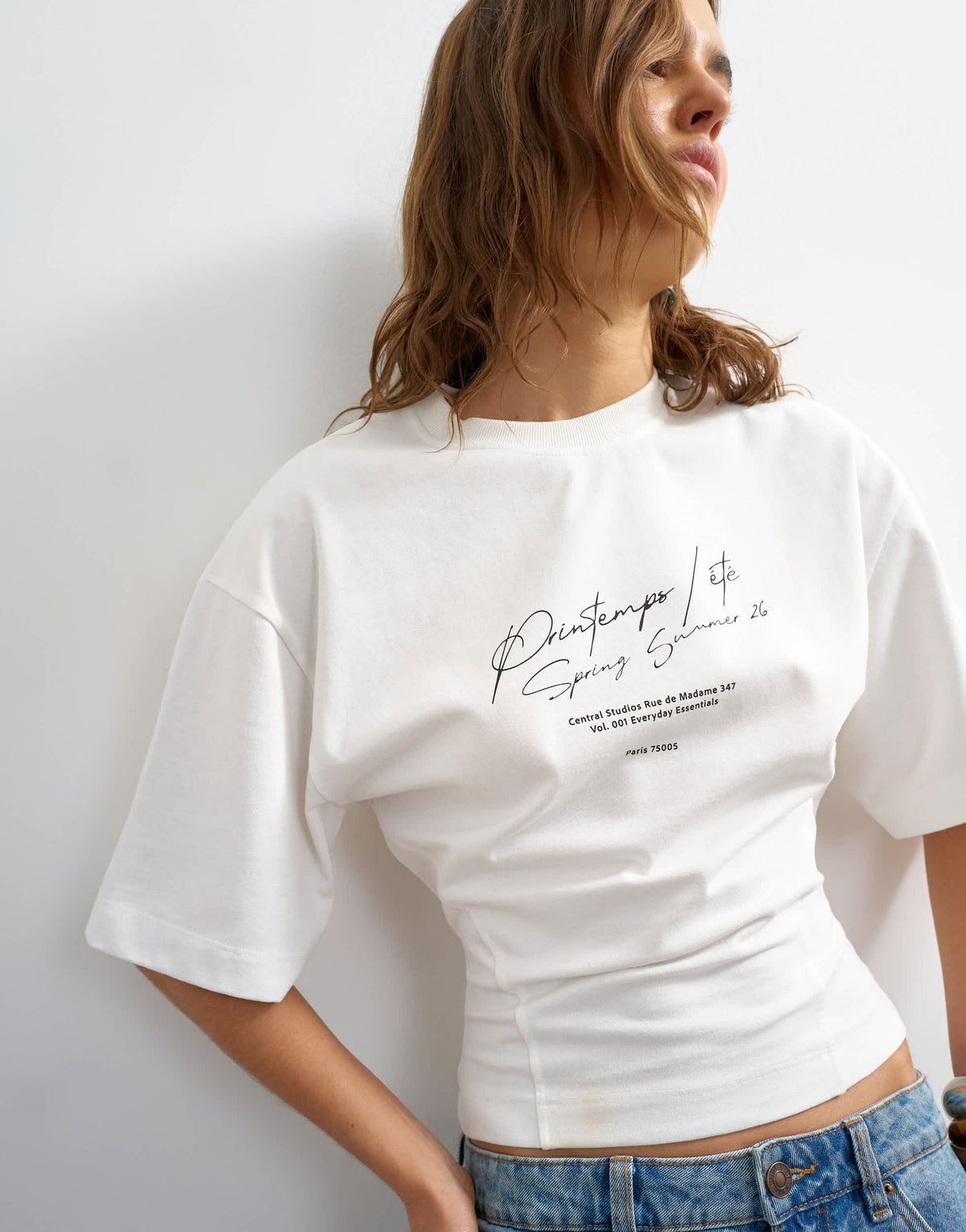 Topshop 'Open Archive' graphic structured waist tee in white