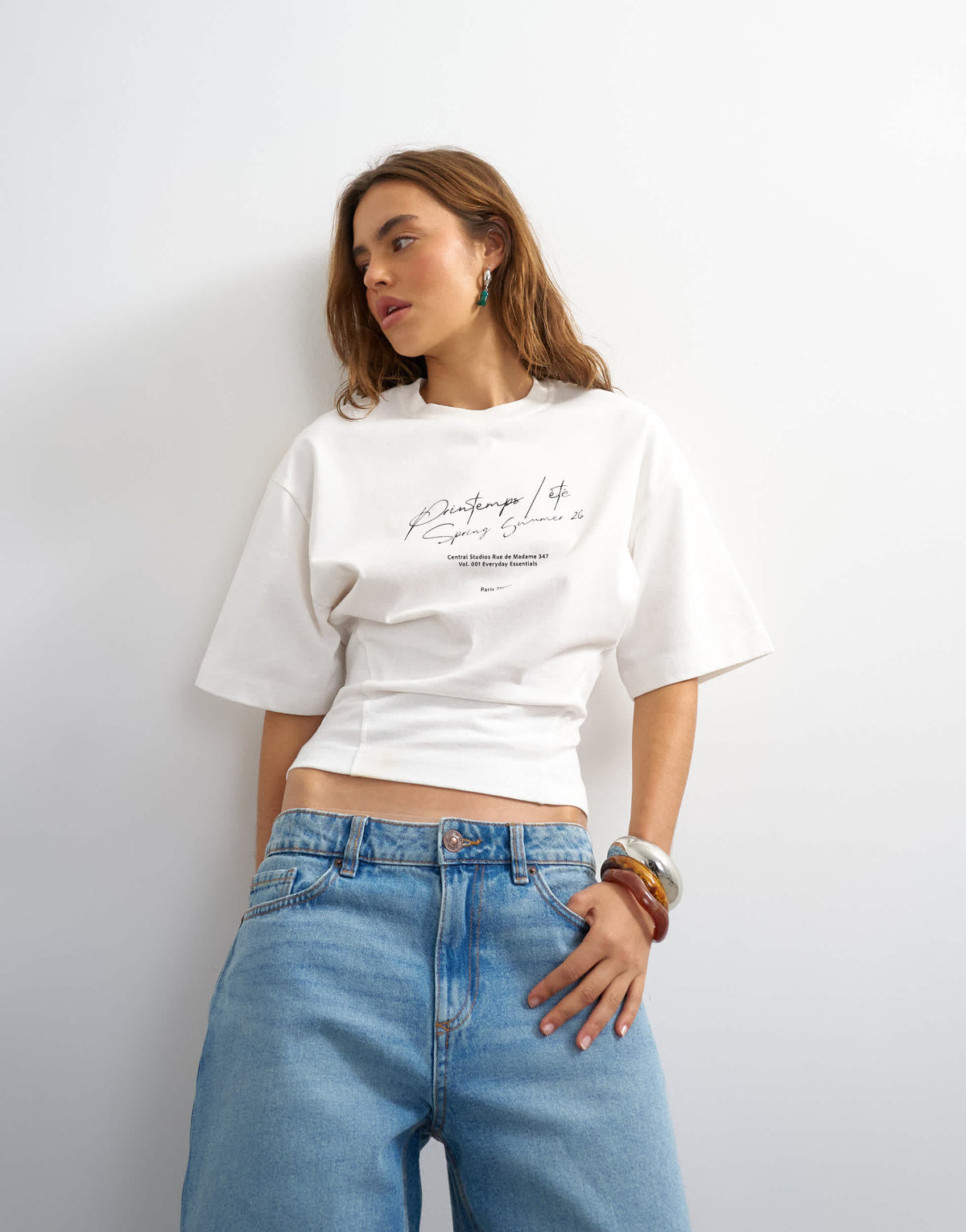 Topshop 'Open Archive' graphic structured waist tee in white