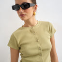 Topshop button through short sleeve top in khaki