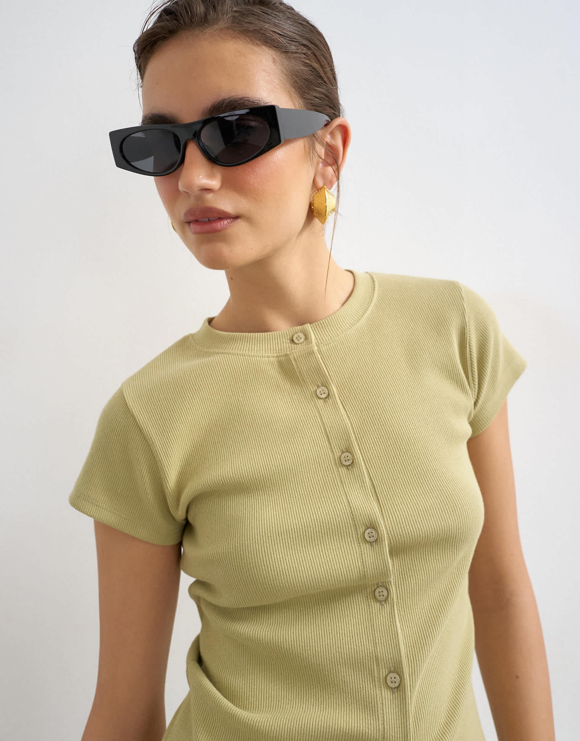 Topshop button through short sleeve top in khaki