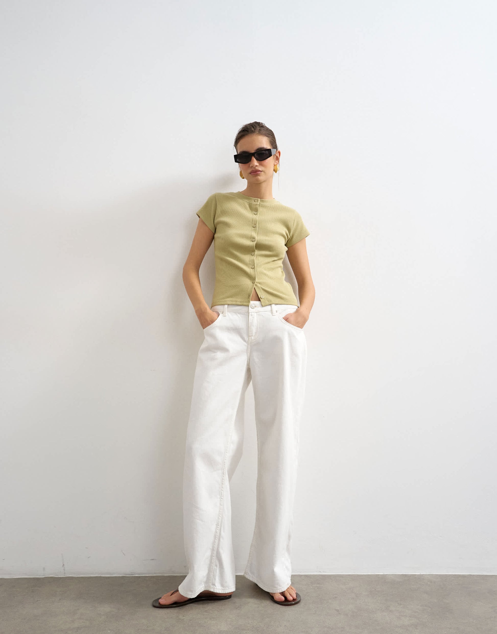 Topshop button through short sleeve top in khaki