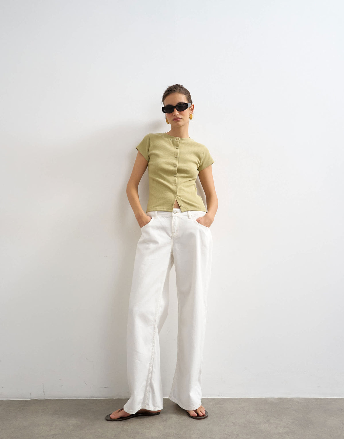 Topshop button through short sleeve top in khaki