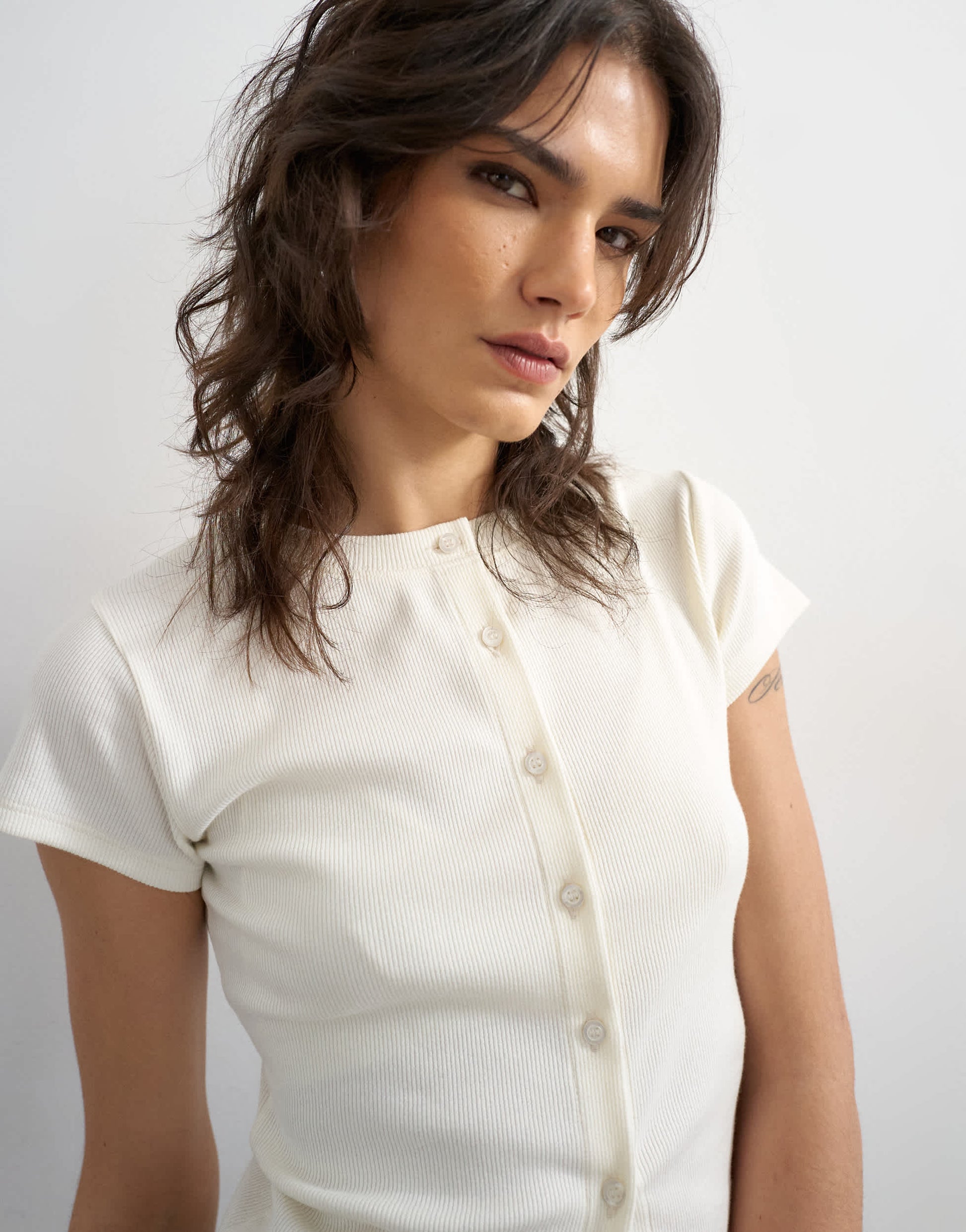 Topshop button through short sleeve top in ecru