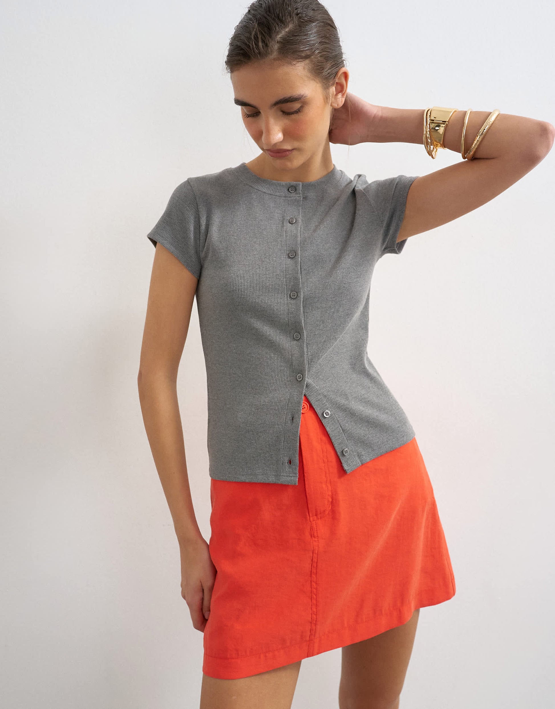 Topshop button through short sleeve top in dark grey