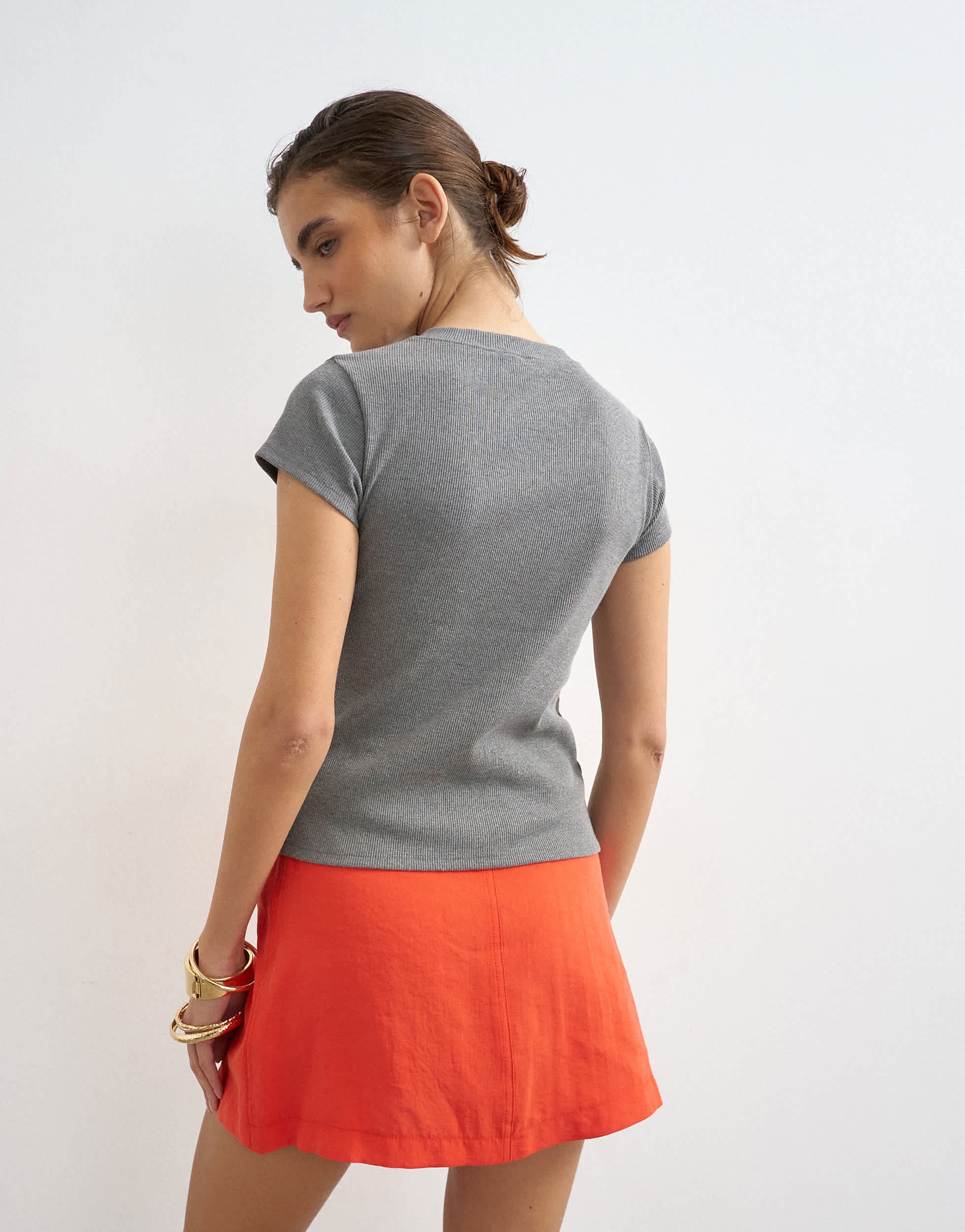Topshop button through short sleeve top in dark grey