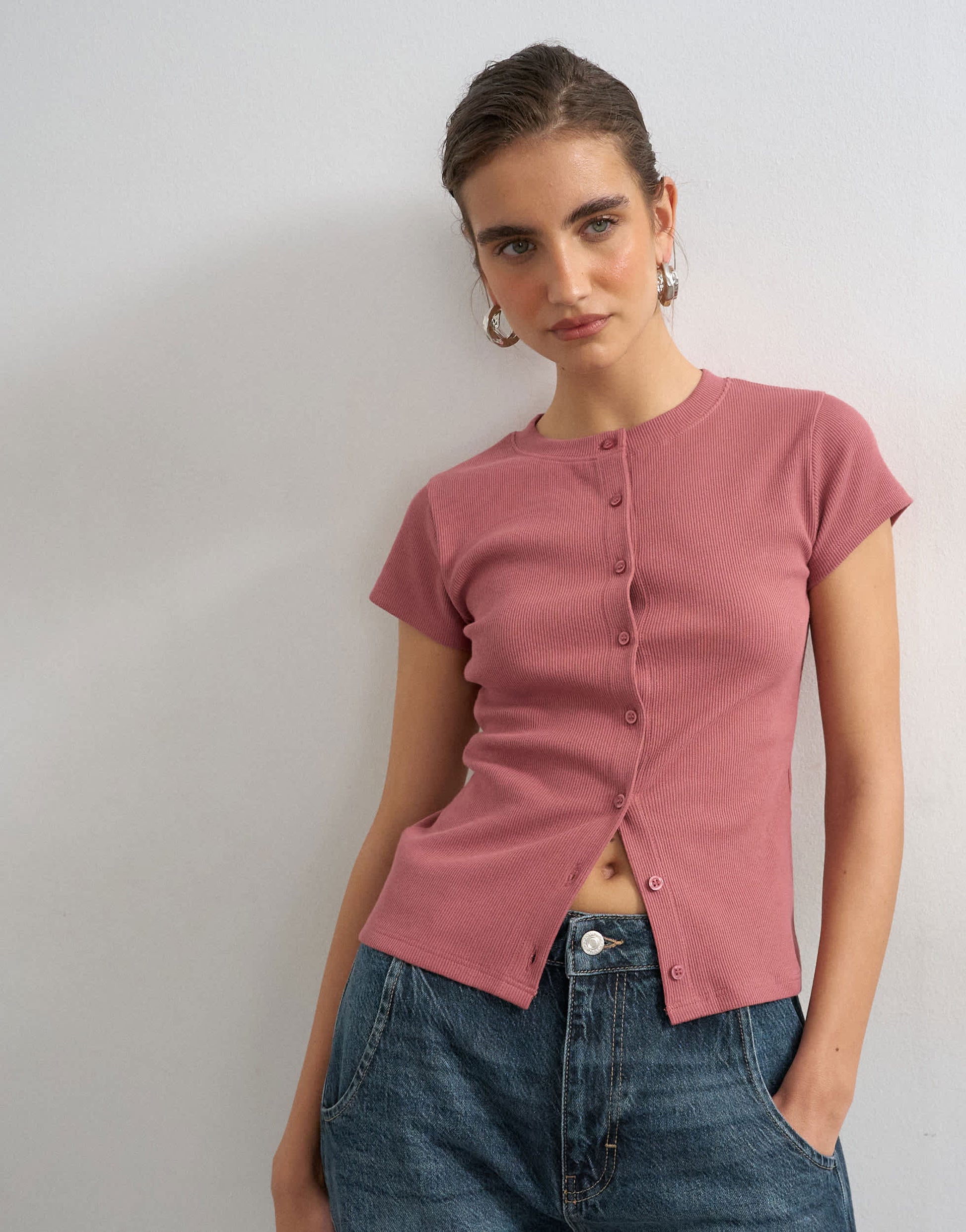 Topshop button through short sleeve top in berry