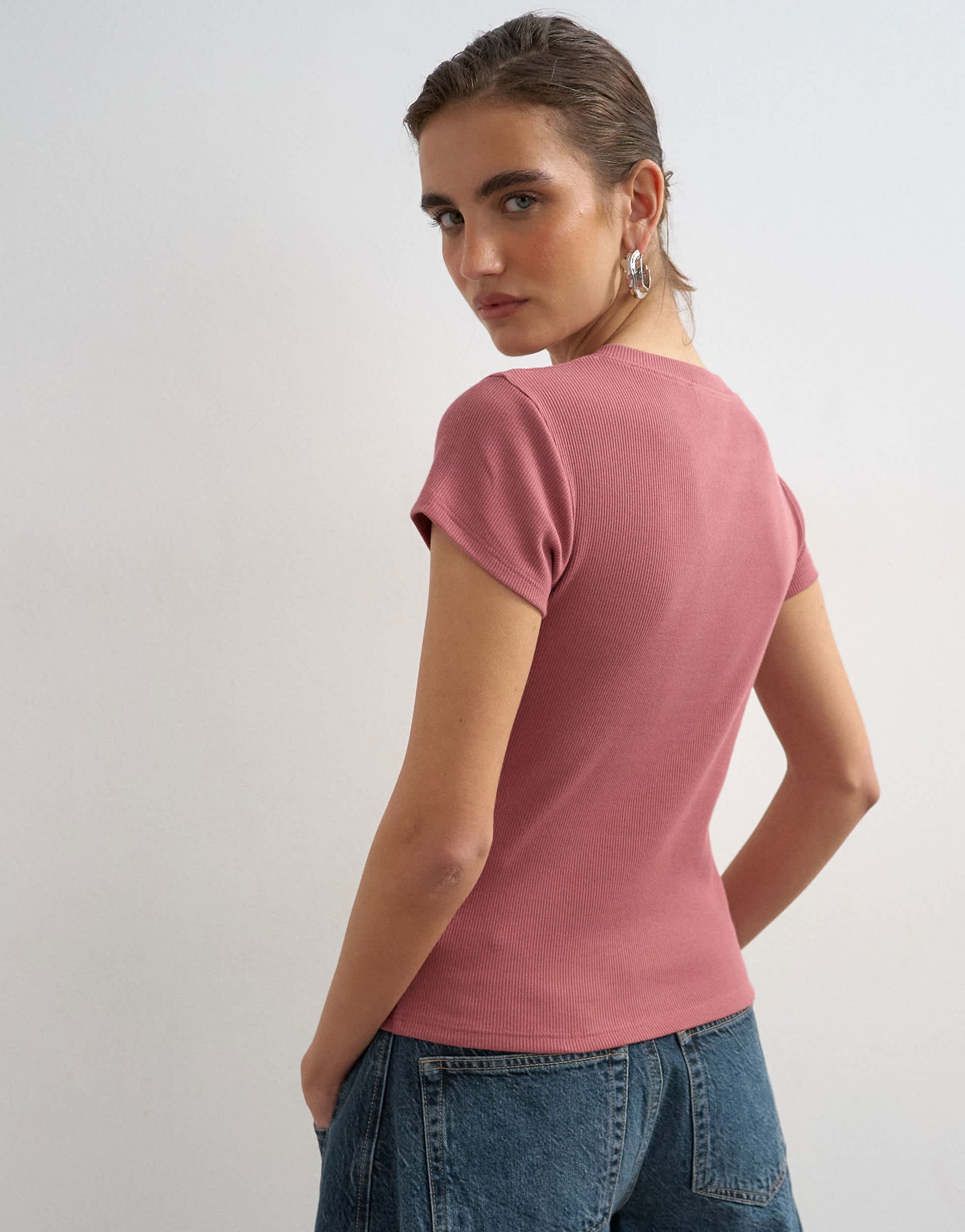 Topshop button through short sleeve top in berry