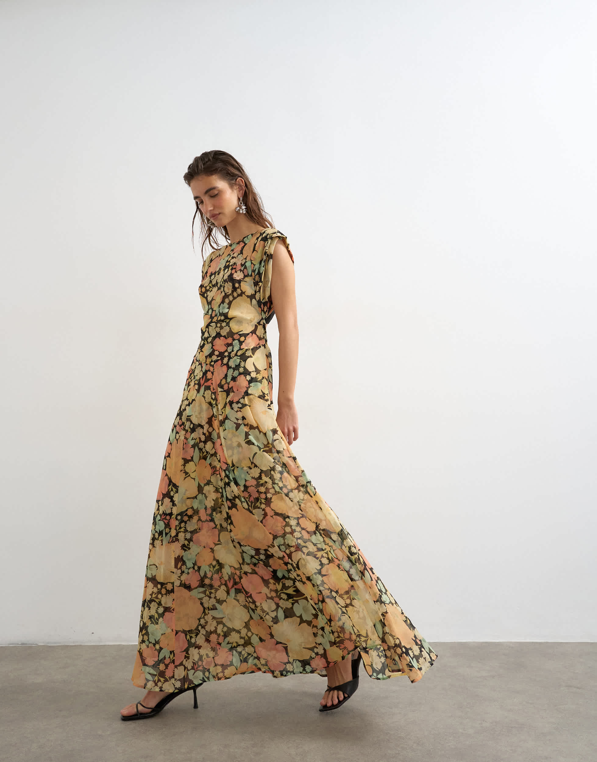 Topshop pleated open back maxi dress in pink and green floral