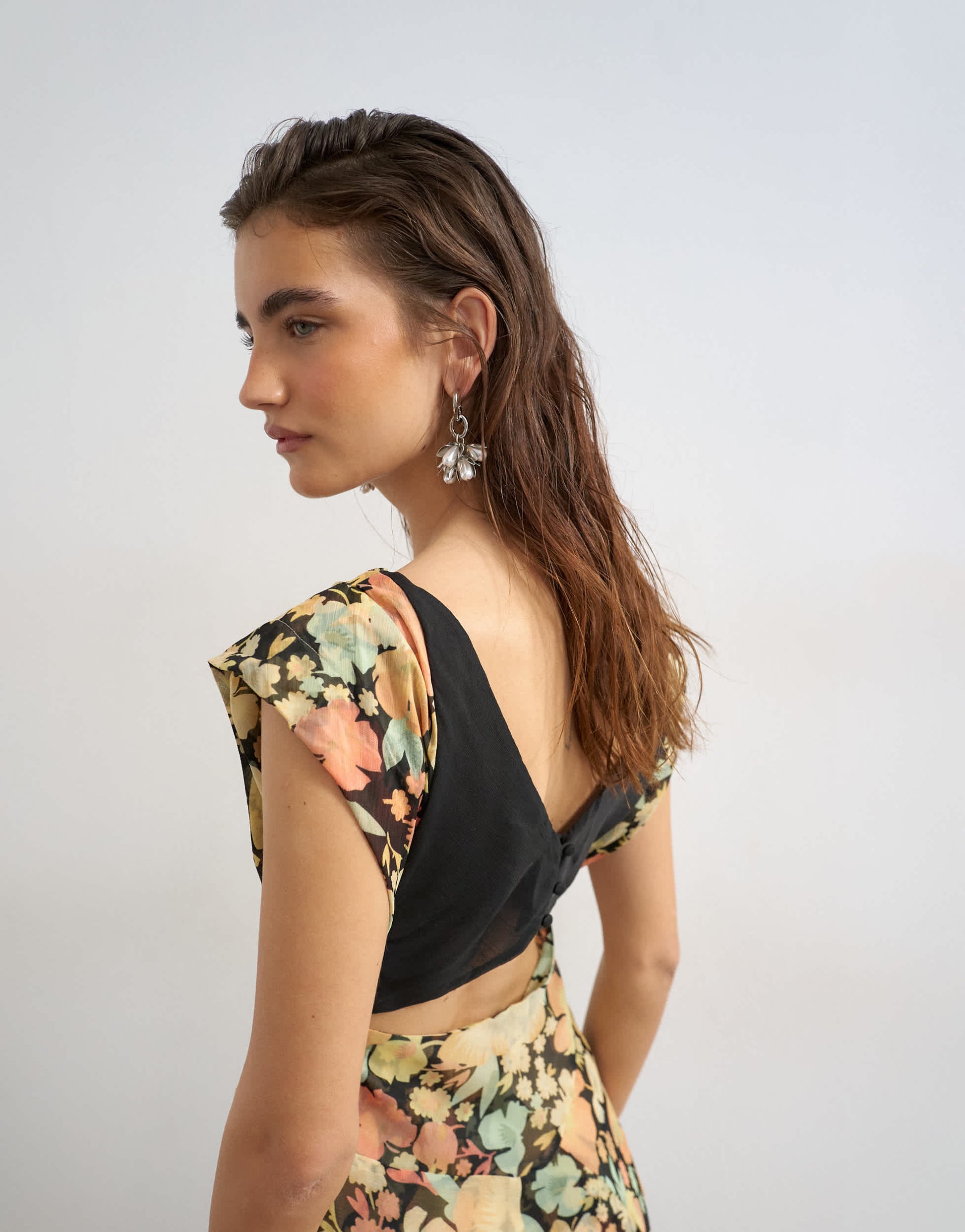 Topshop pleated open back maxi dress in pink and green floral