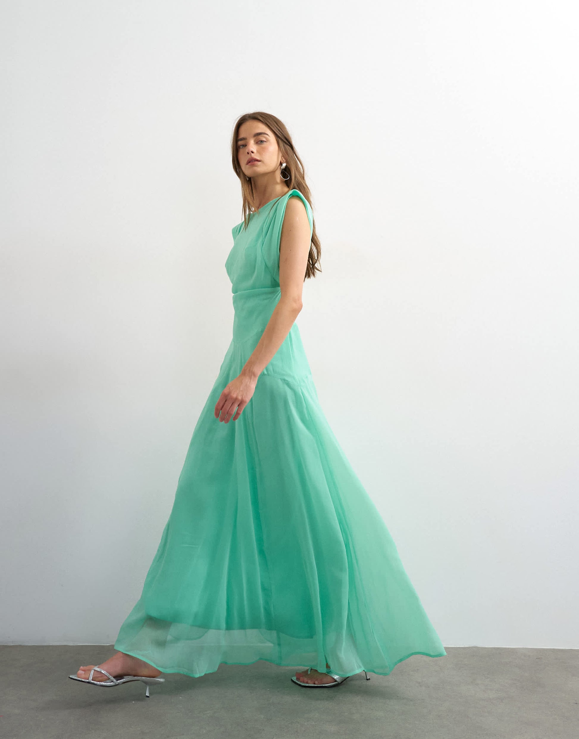 Topshop pleated open back maxi dress in green