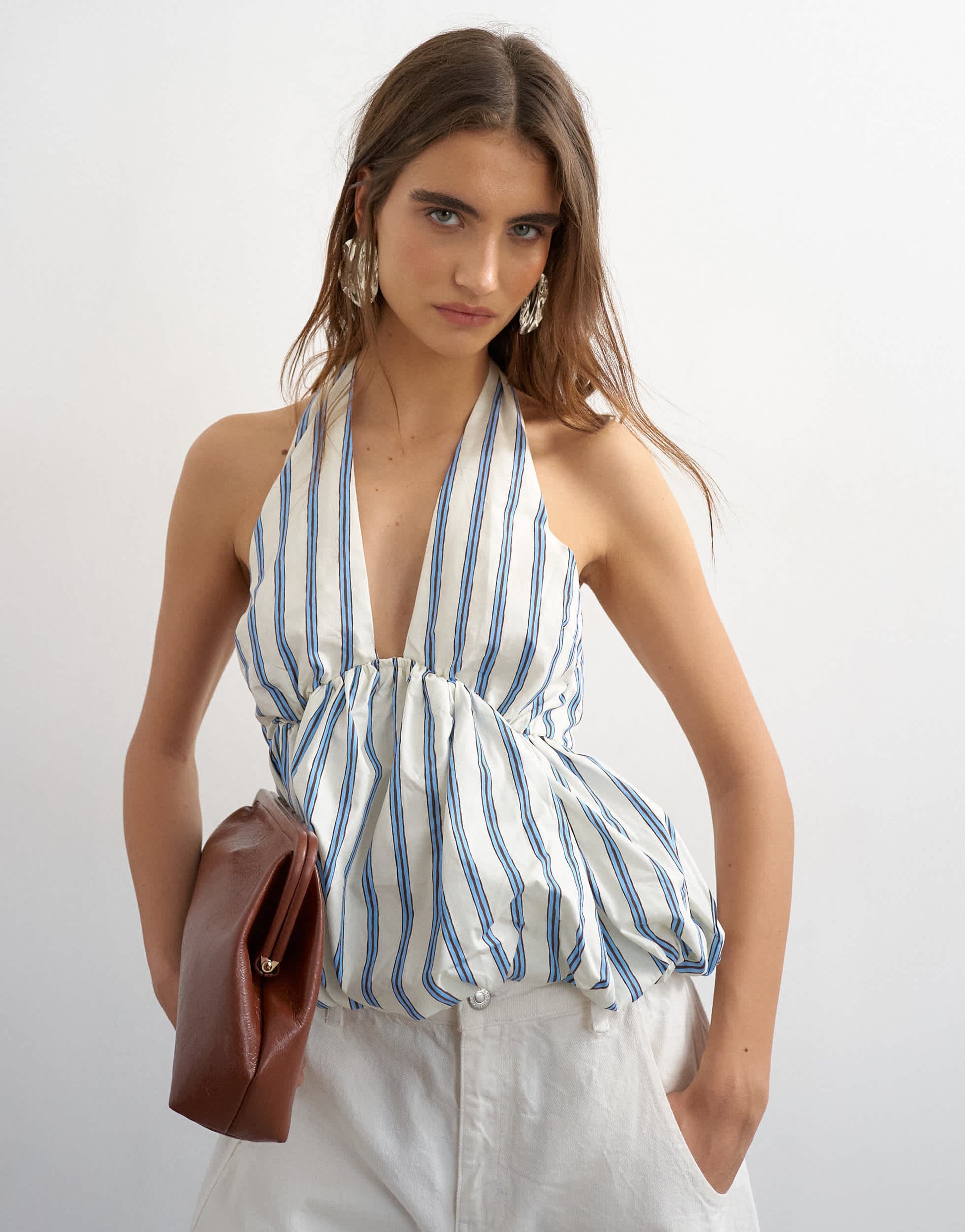 Topshop halter neck bubble hem top in cream stripe