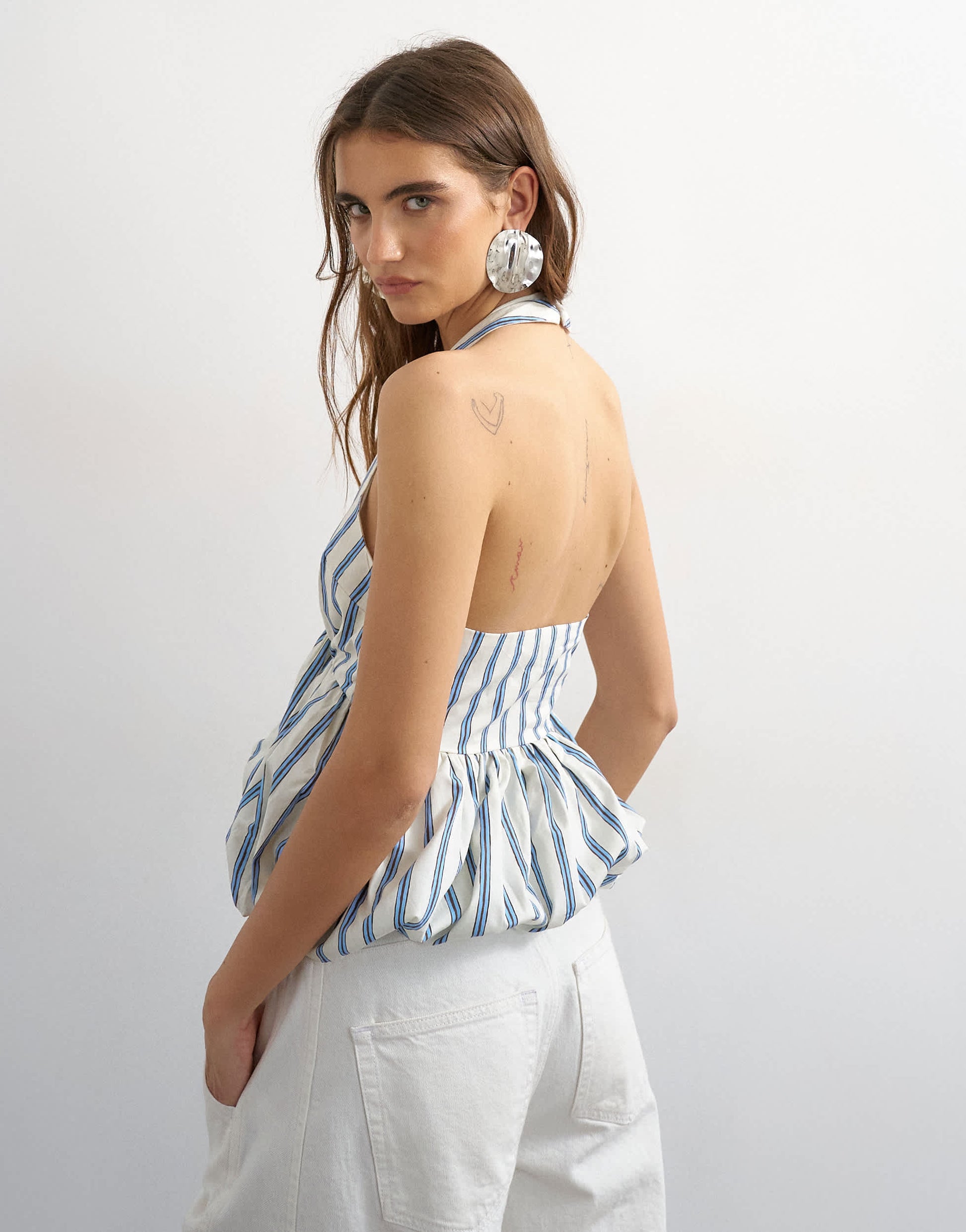 Topshop halter neck bubble hem top in cream stripe