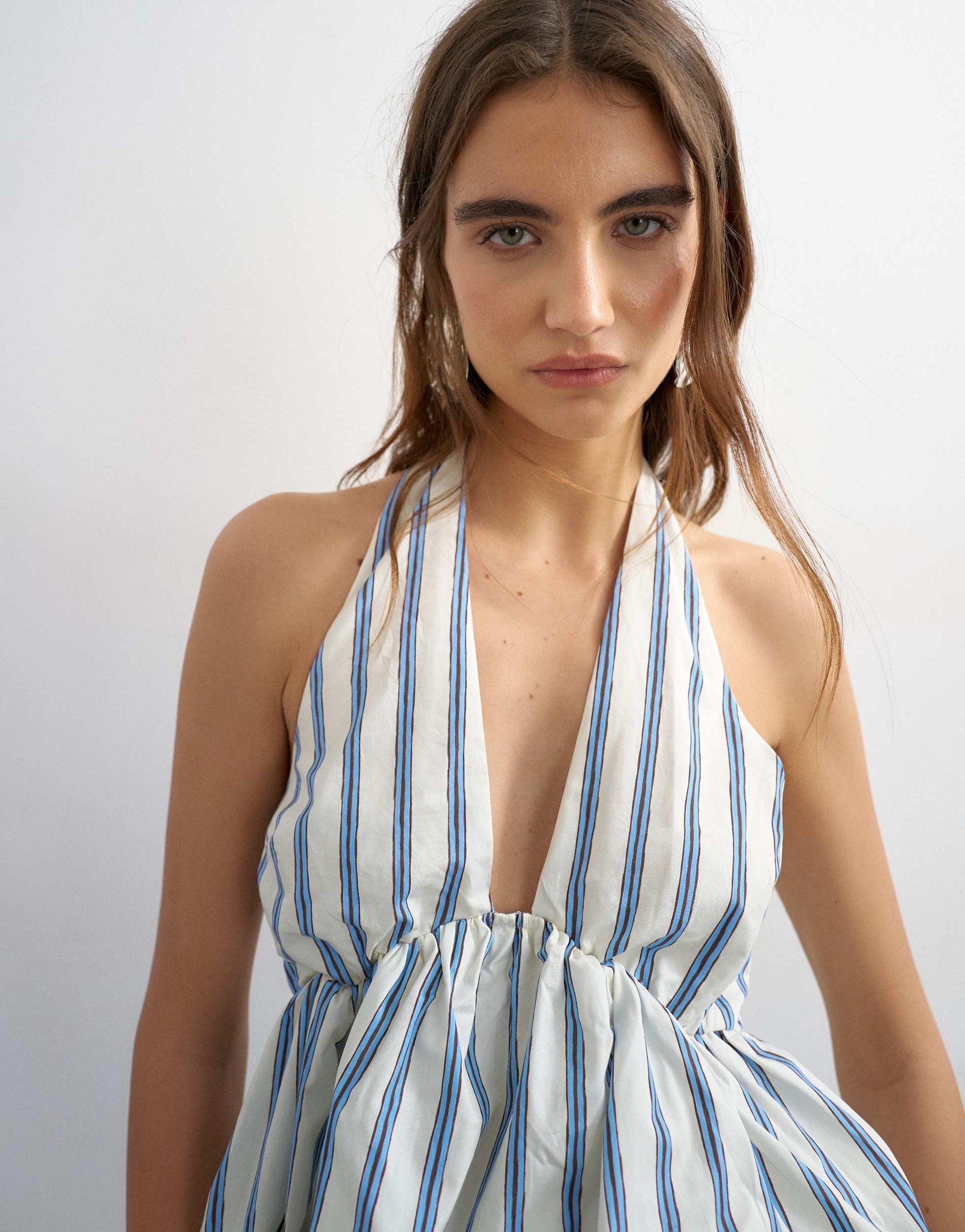 Topshop halter neck bubble hem top in cream stripe