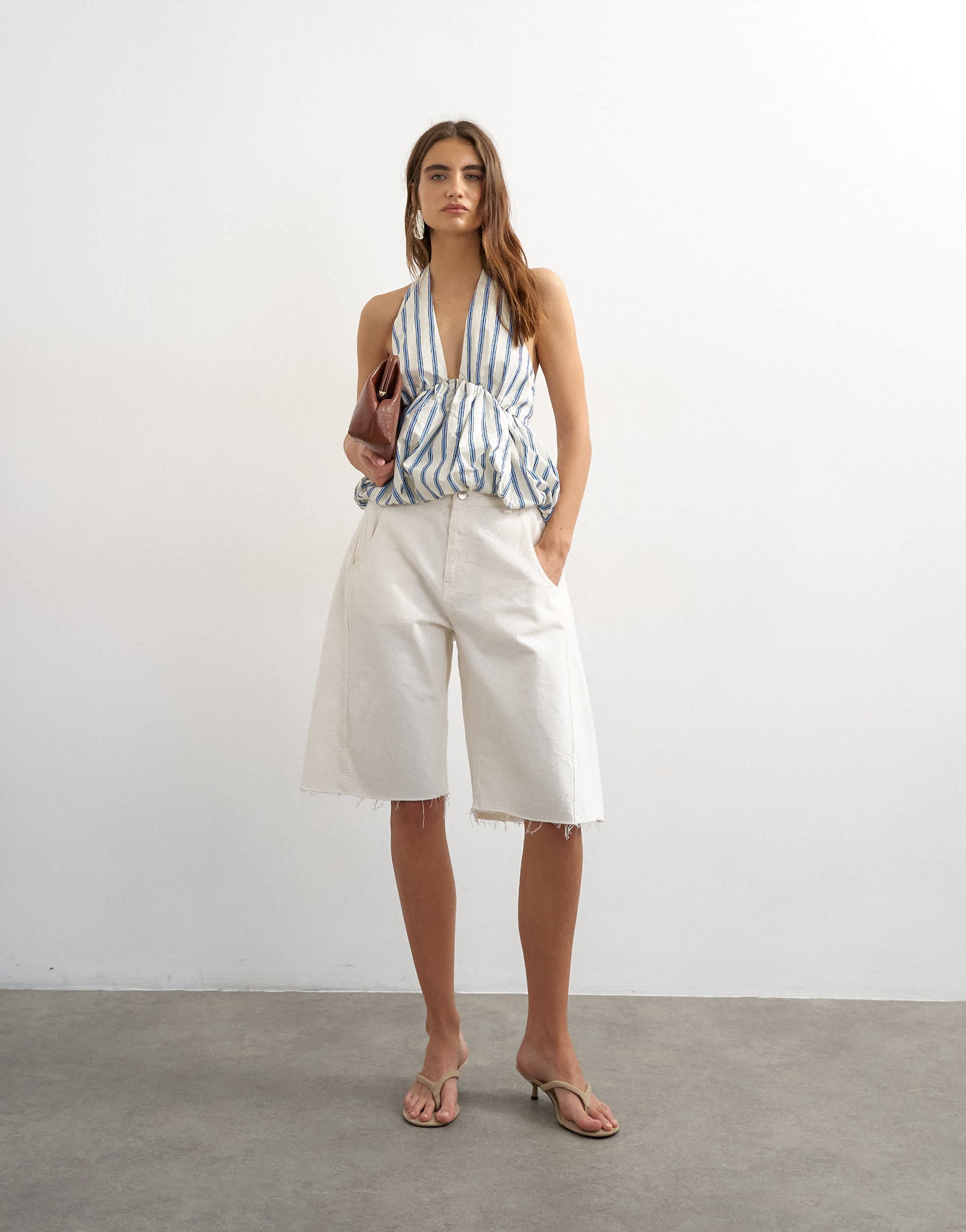 Topshop halter neck bubble hem top in cream stripe