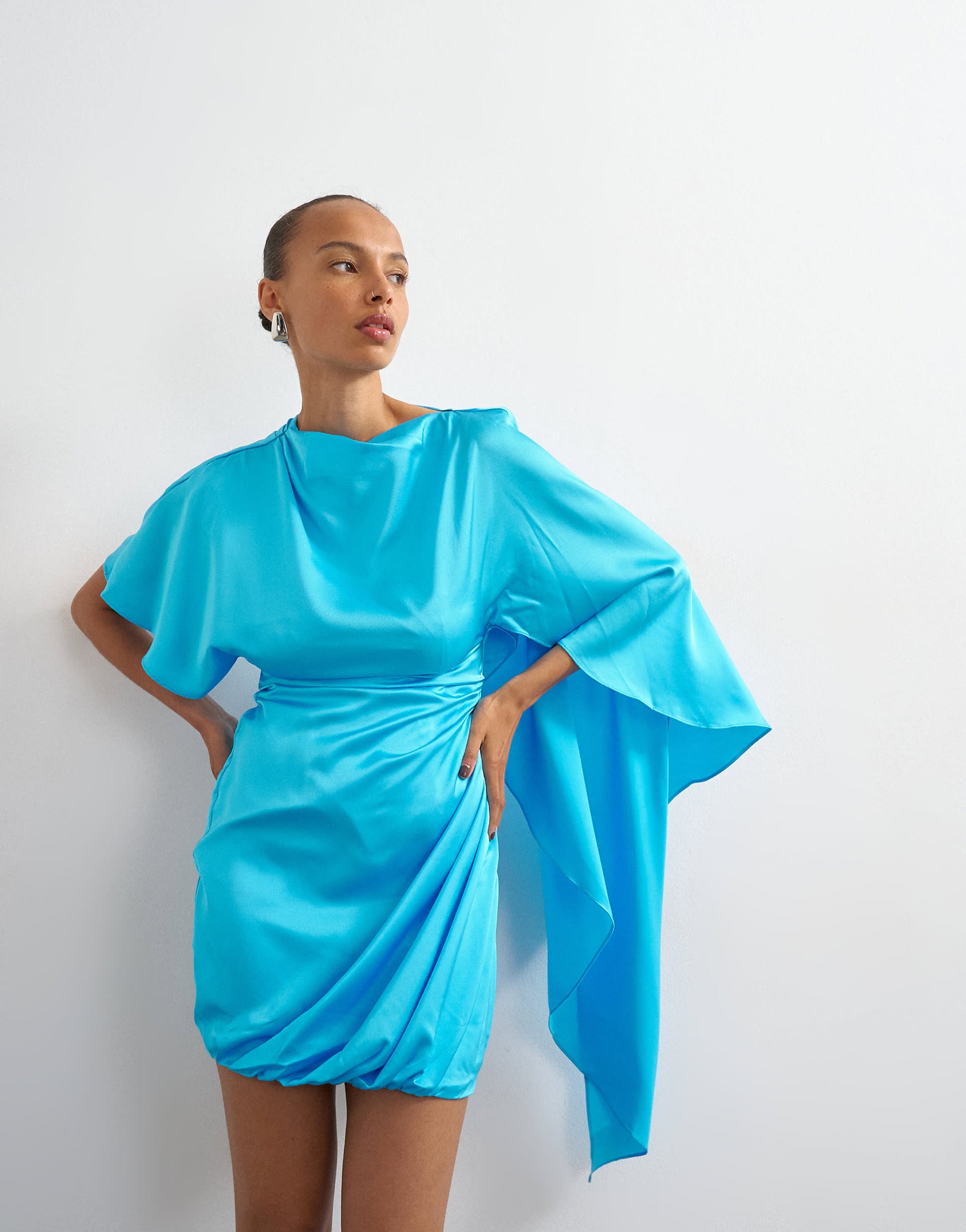 Topshop satin cape sleeve draped mini dress in electric blue