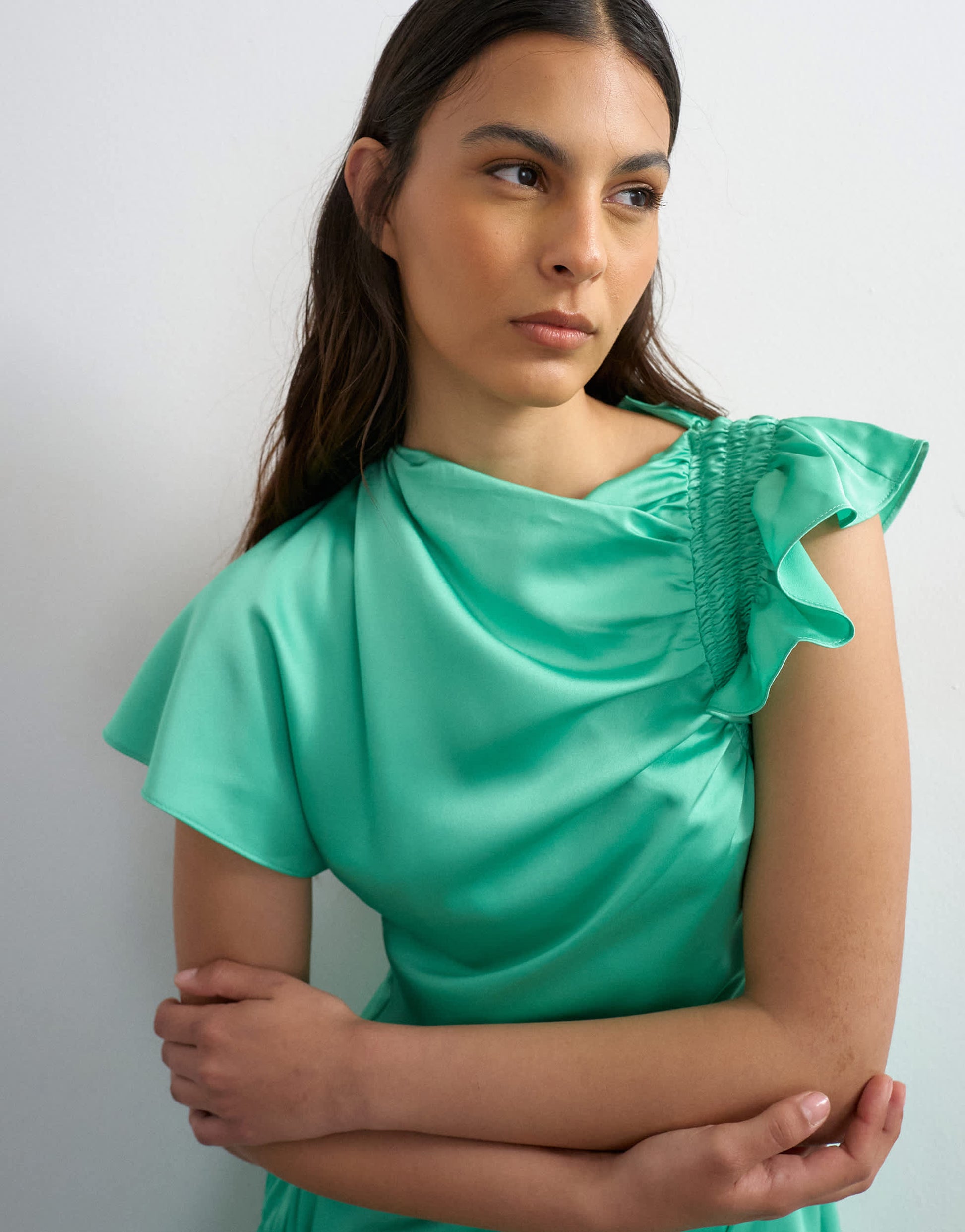 Topshop satin shirred detail mini tea dress in bright emerald green