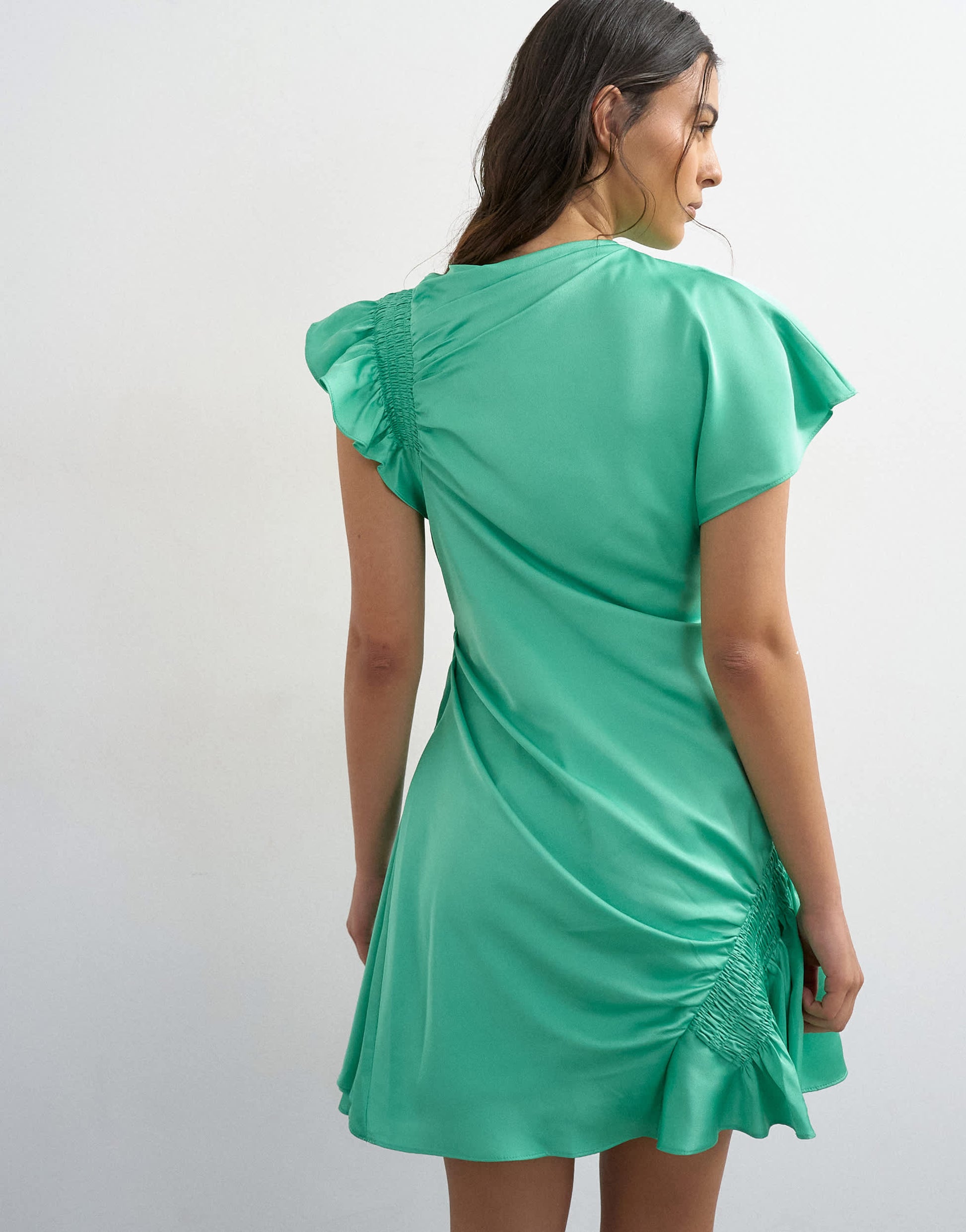Topshop satin shirred detail mini tea dress in bright emerald green