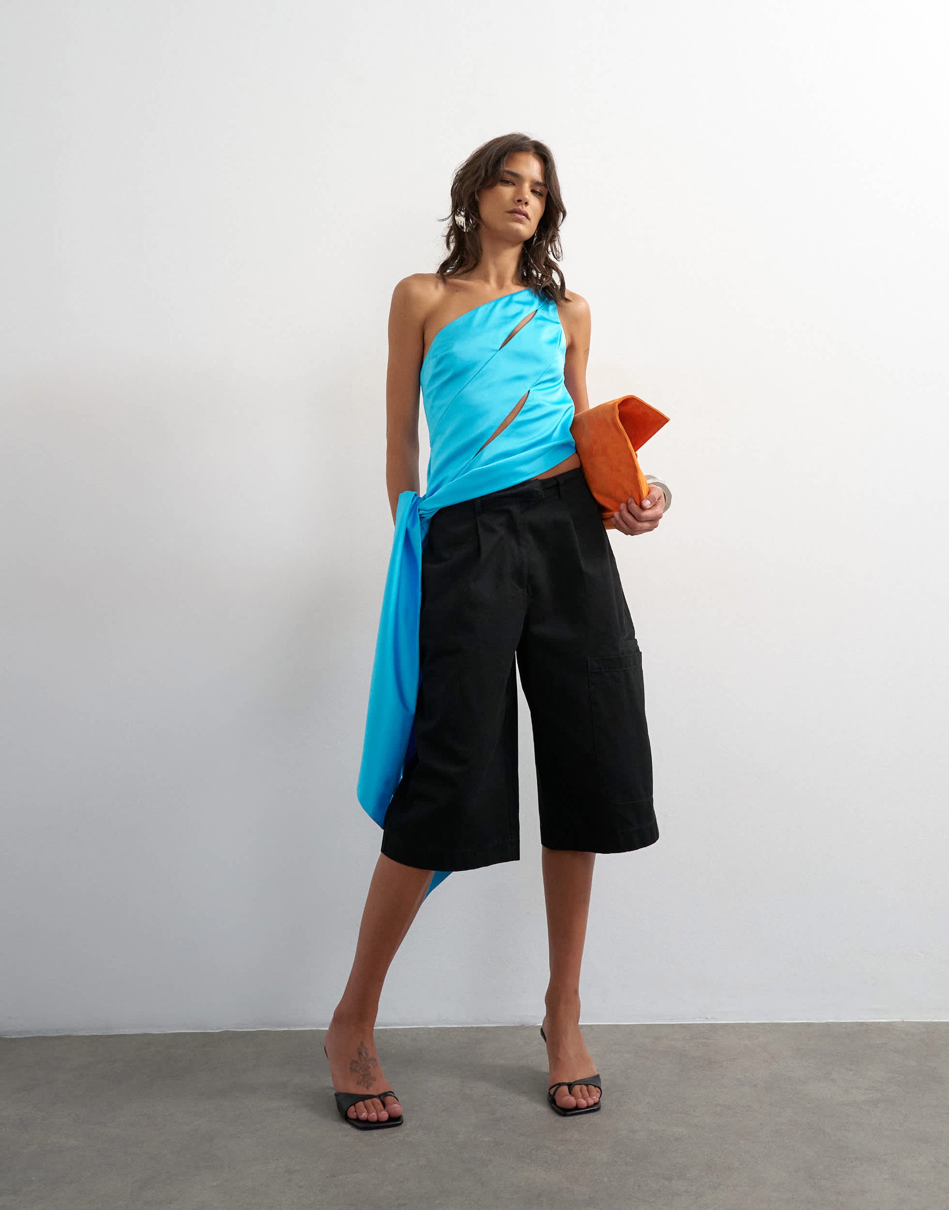 Topshop slash tie satin top in blue