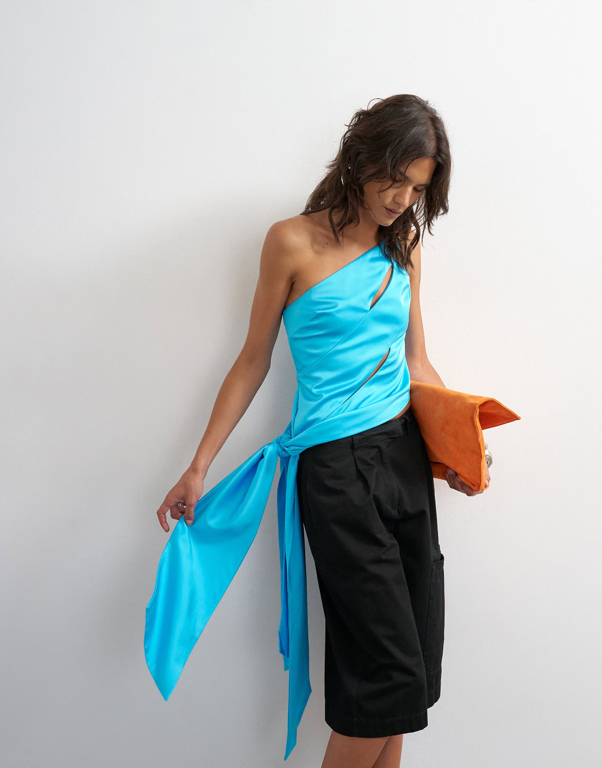 Topshop slash tie satin top in blue
