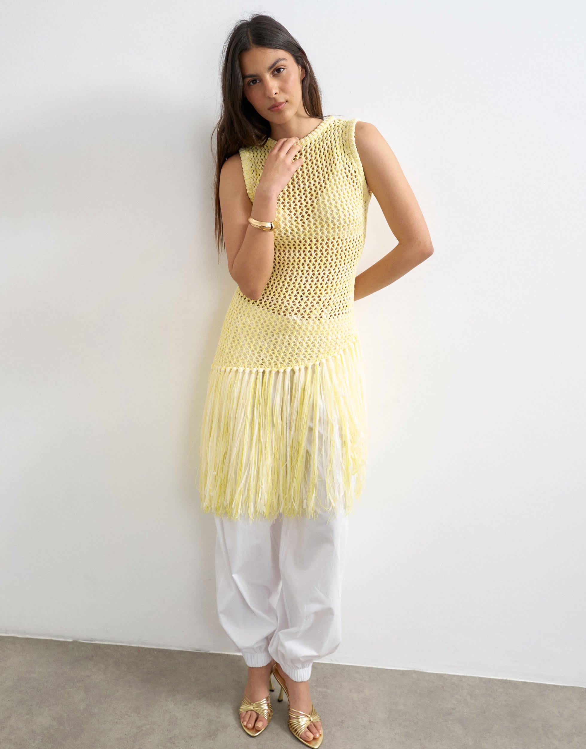 Topshop knitted tape fish net scoop neck top in yellow