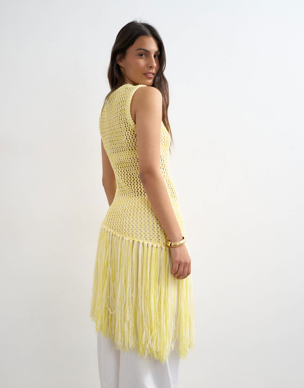 Topshop knitted tape fish net scoop neck top in yellow
