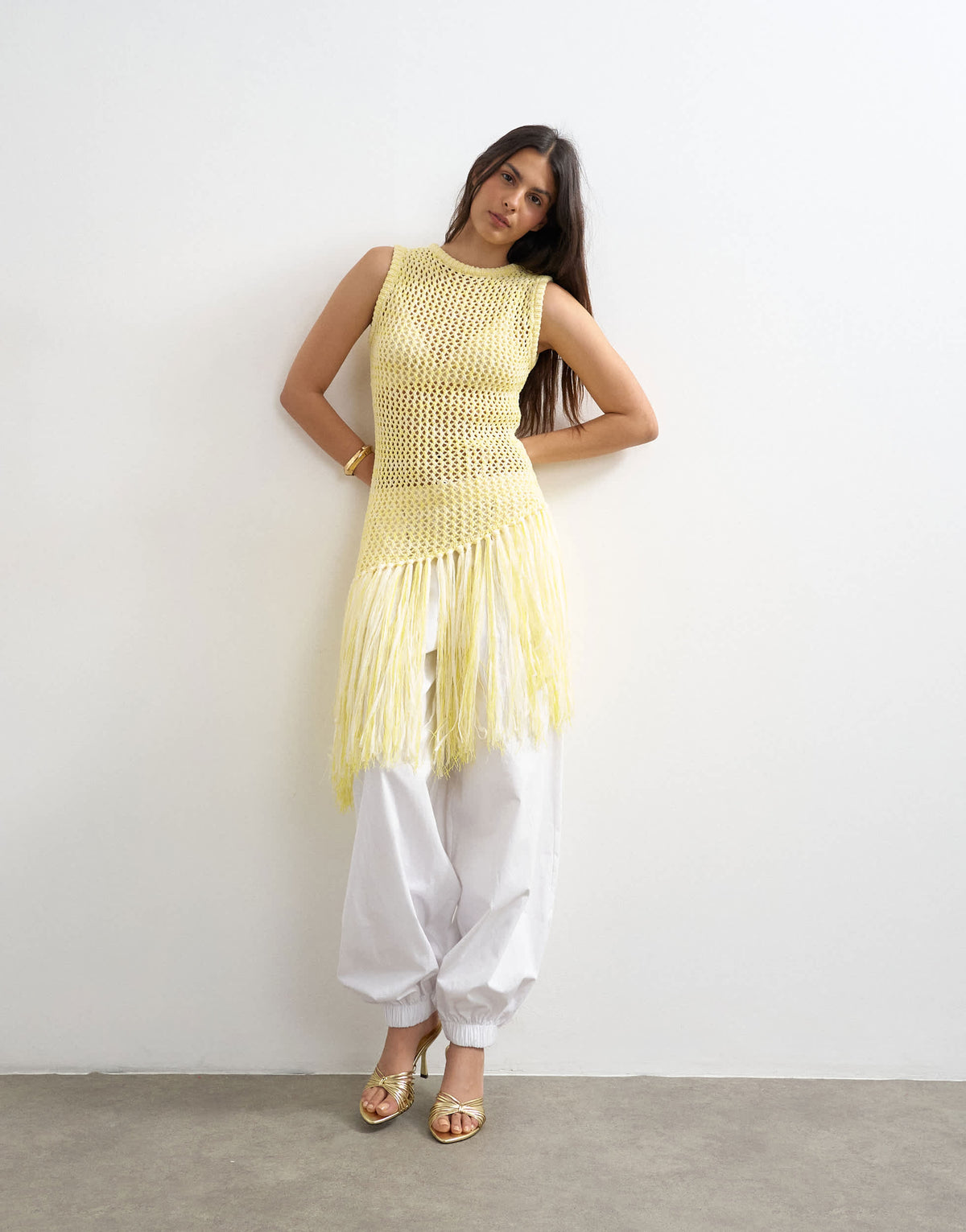 Topshop knitted tape fish net scoop neck top in yellow